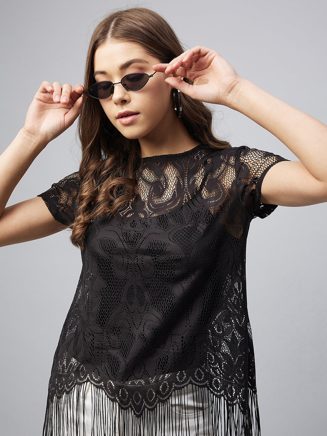 Women's Black Sheer Lace Top with Fringes (Inner not provided)