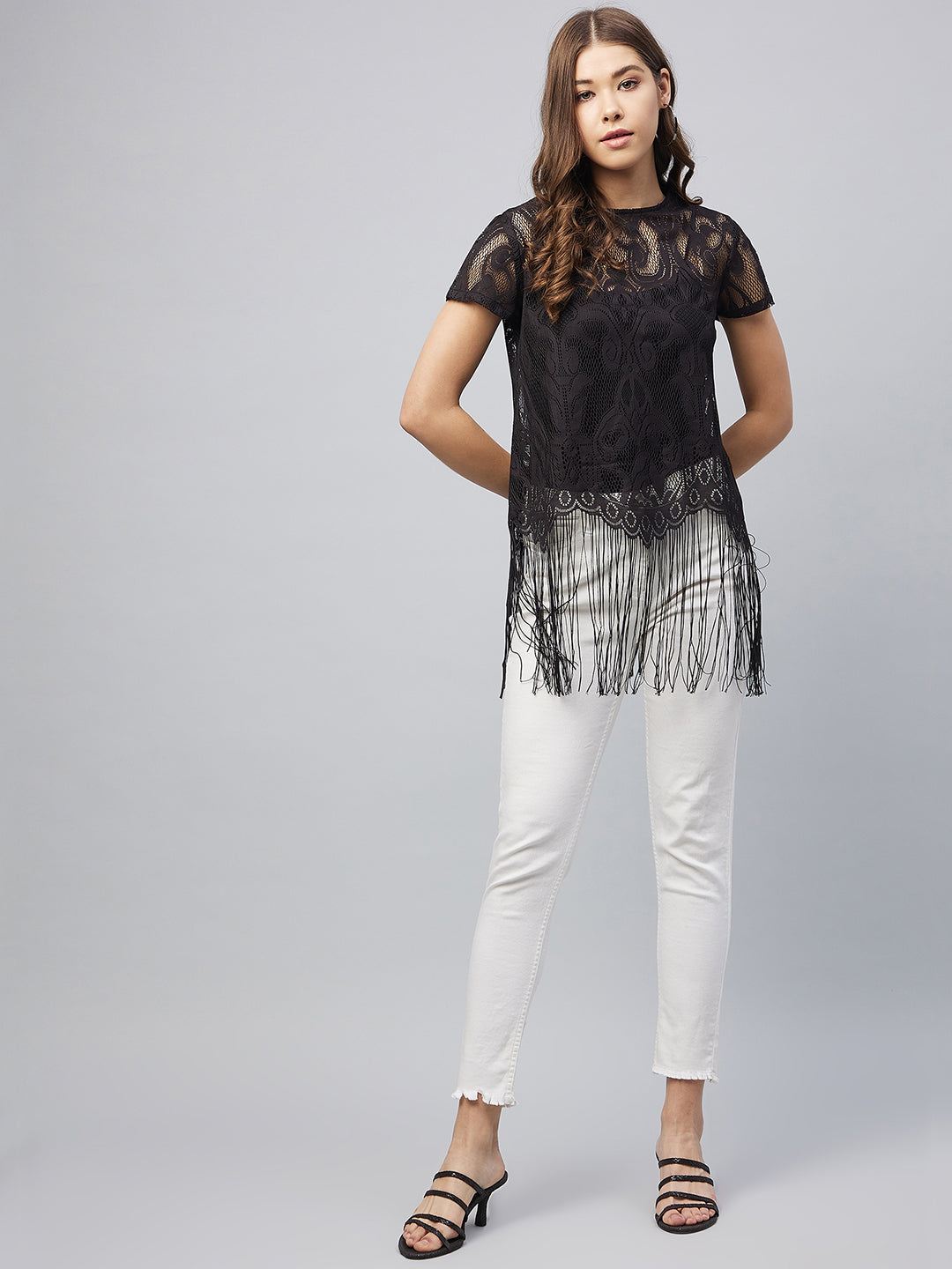 Women's Black Sheer Lace Top with Fringes (Inner not provided)