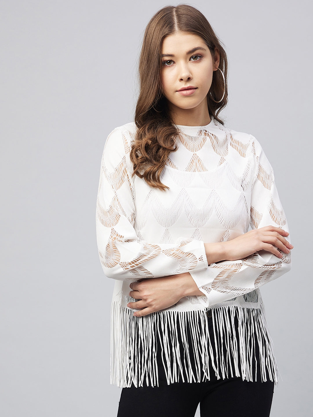 Women's White Sheer Lace Top with Fringes (Inner not provided)