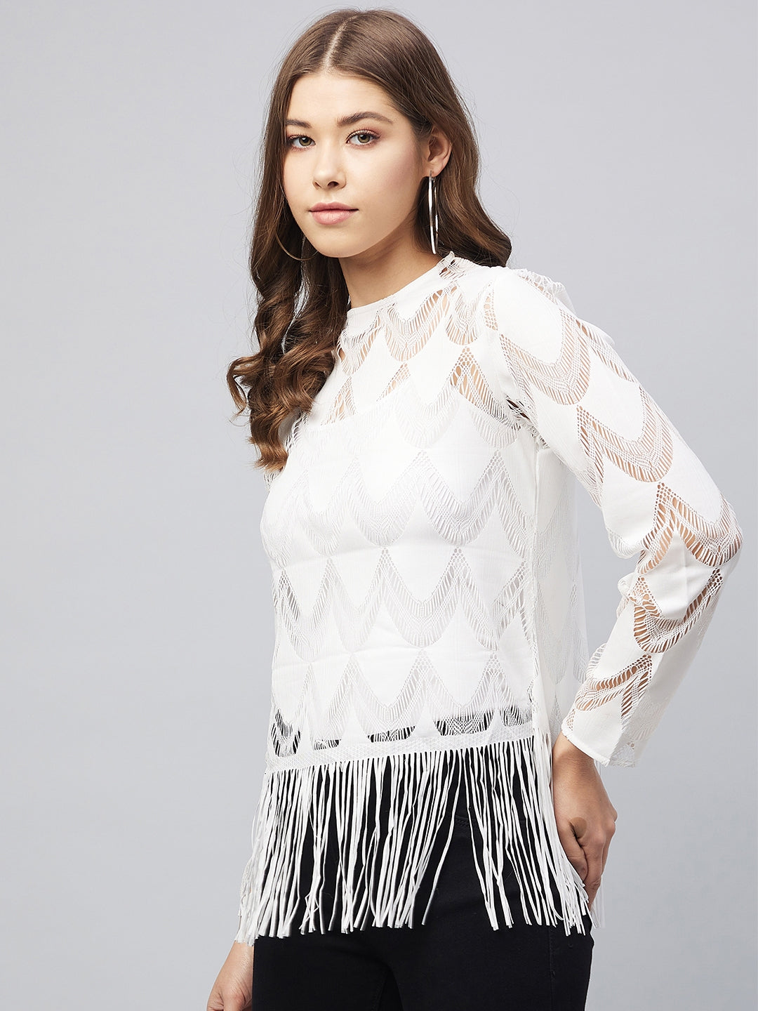 Women's White Sheer Lace Top with Fringes (Inner not provided)