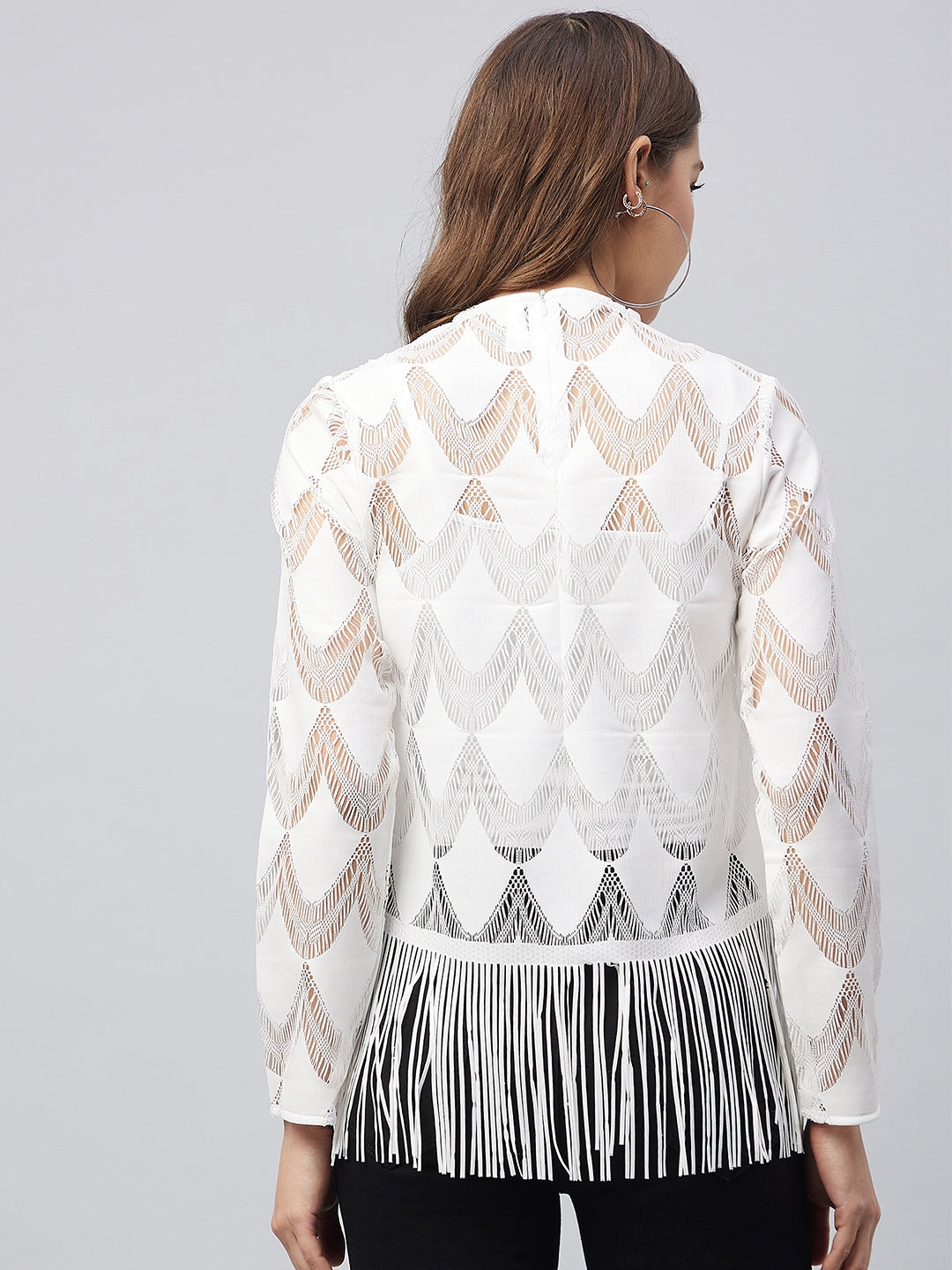 Women's White Sheer Lace Top with Fringes (Inner not provided)