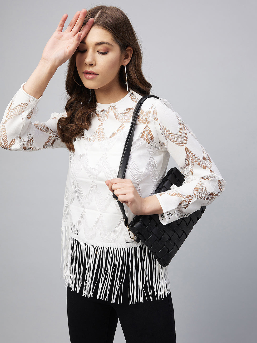 Women's White Sheer Lace Top with Fringes (Inner not provided)