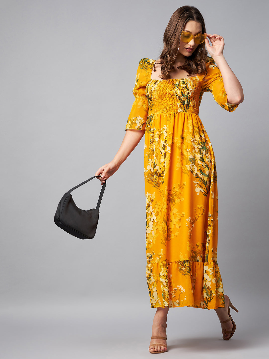 Women's Puff Sleeve Smocked Floral Maxi Dress- Yellow