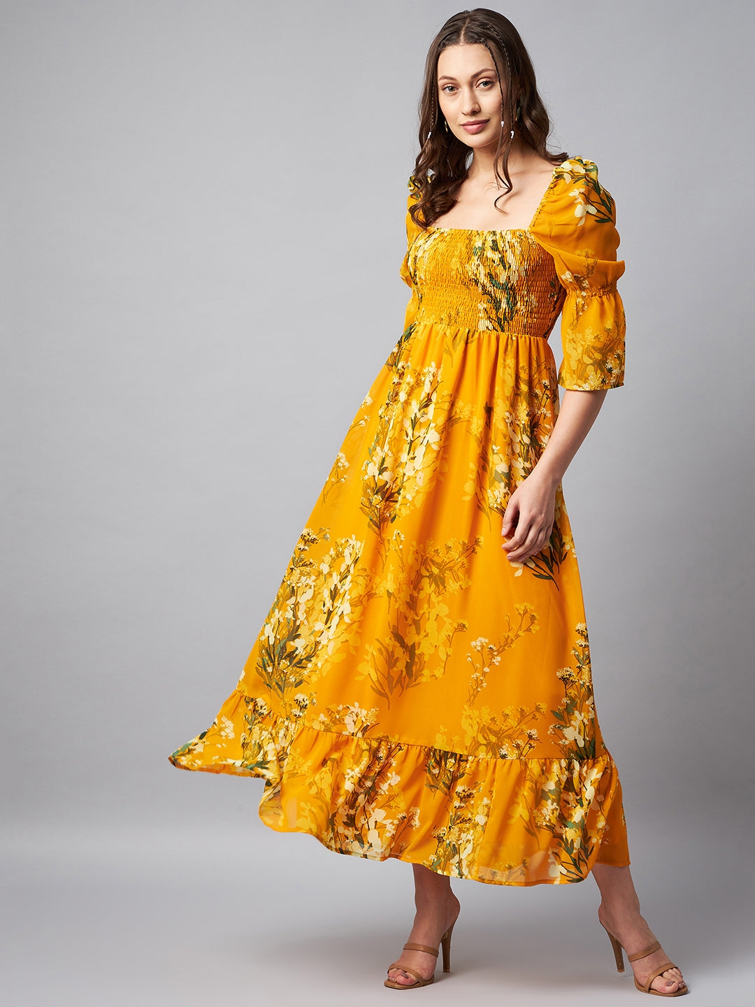 Women's Puff Sleeve Smocked Floral Maxi Dress- Yellow