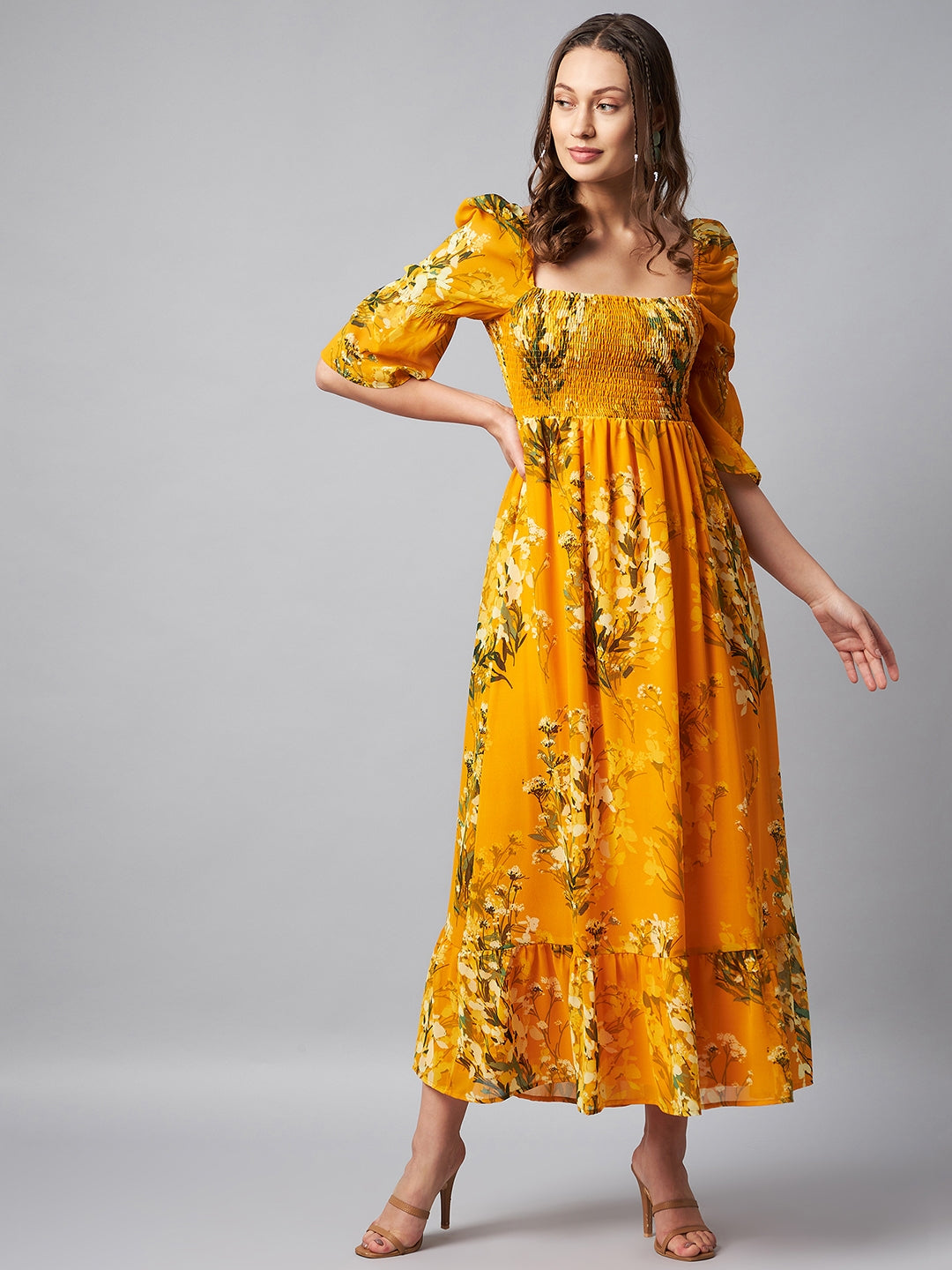 Women's Puff Sleeve Smocked Floral Maxi Dress- Yellow
