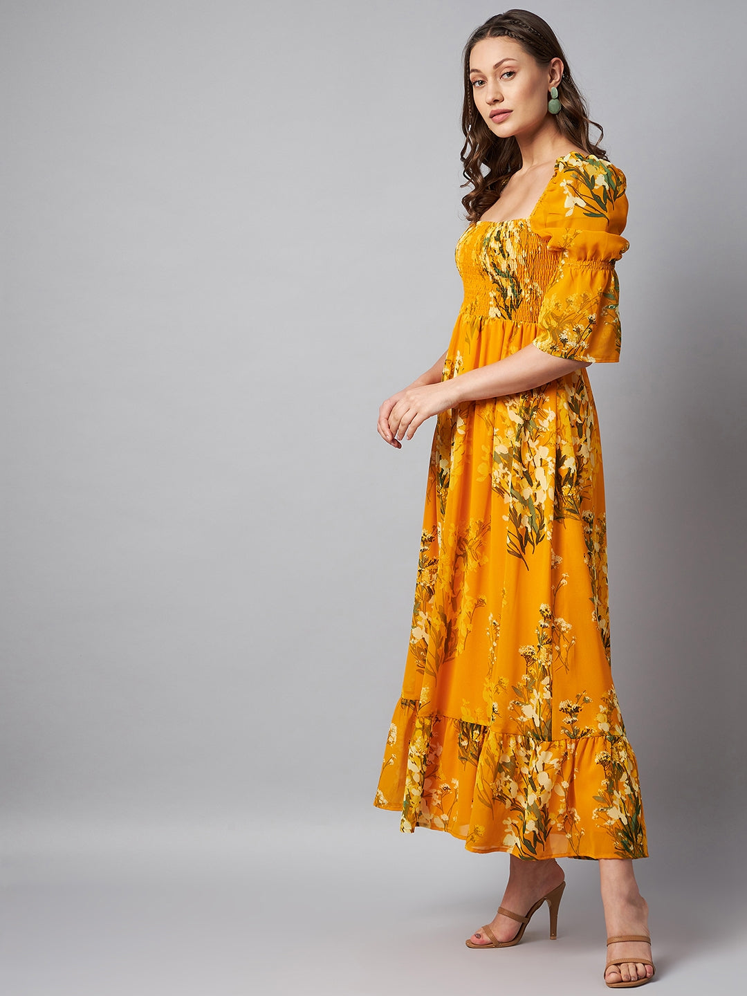 Women's Puff Sleeve Smocked Floral Maxi Dress- Yellow