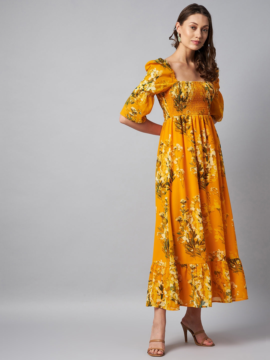 Women's Puff Sleeve Smocked Floral Maxi Dress- Yellow