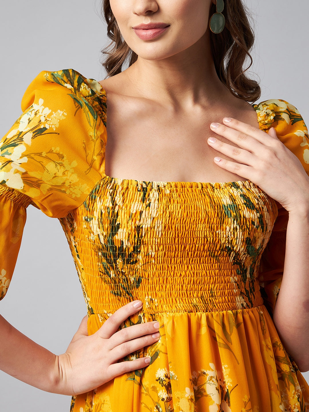 Women's Puff Sleeve Smocked Floral Maxi Dress- Yellow