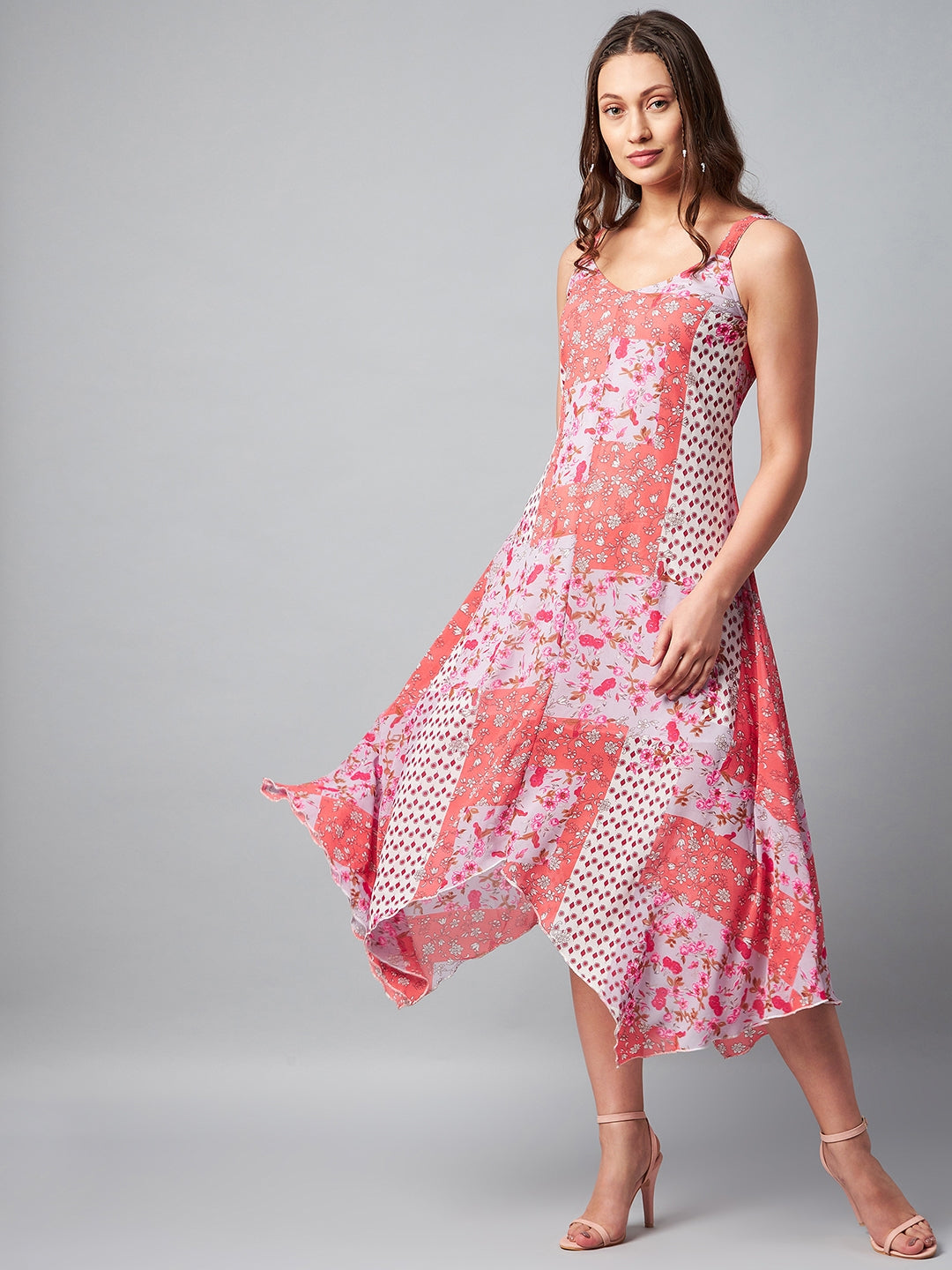 Women's Asymmetric Pink Tile Print Dress