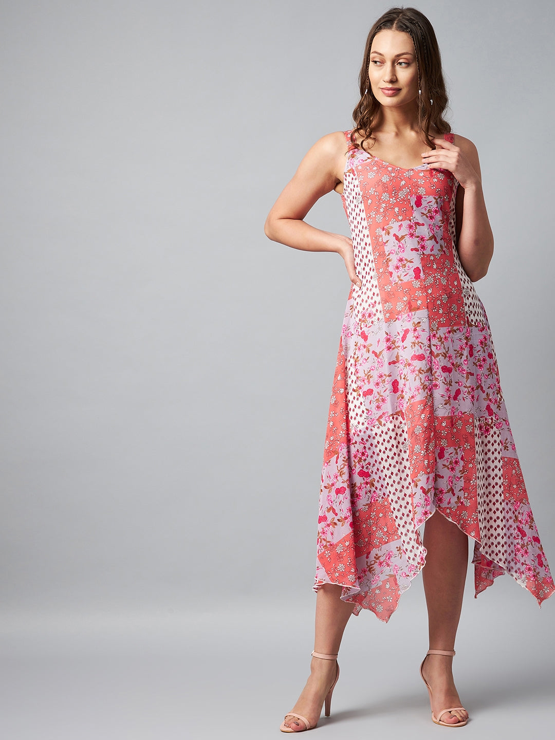 Women's Asymmetric Pink Tile Print Dress