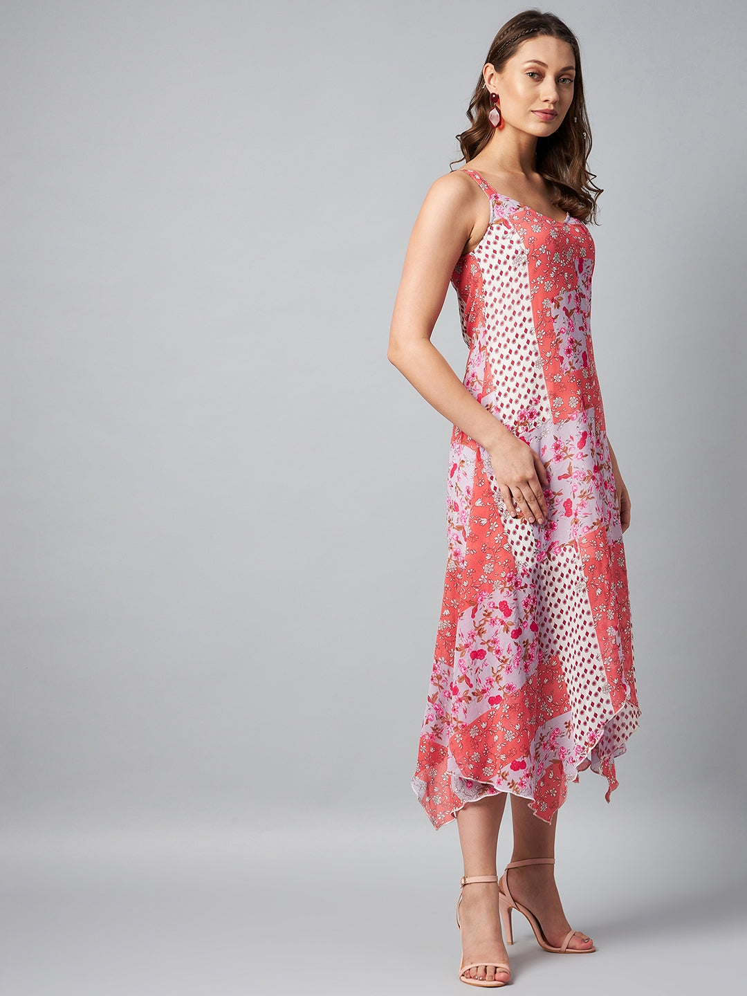 Women's Asymmetric Pink Tile Print Dress