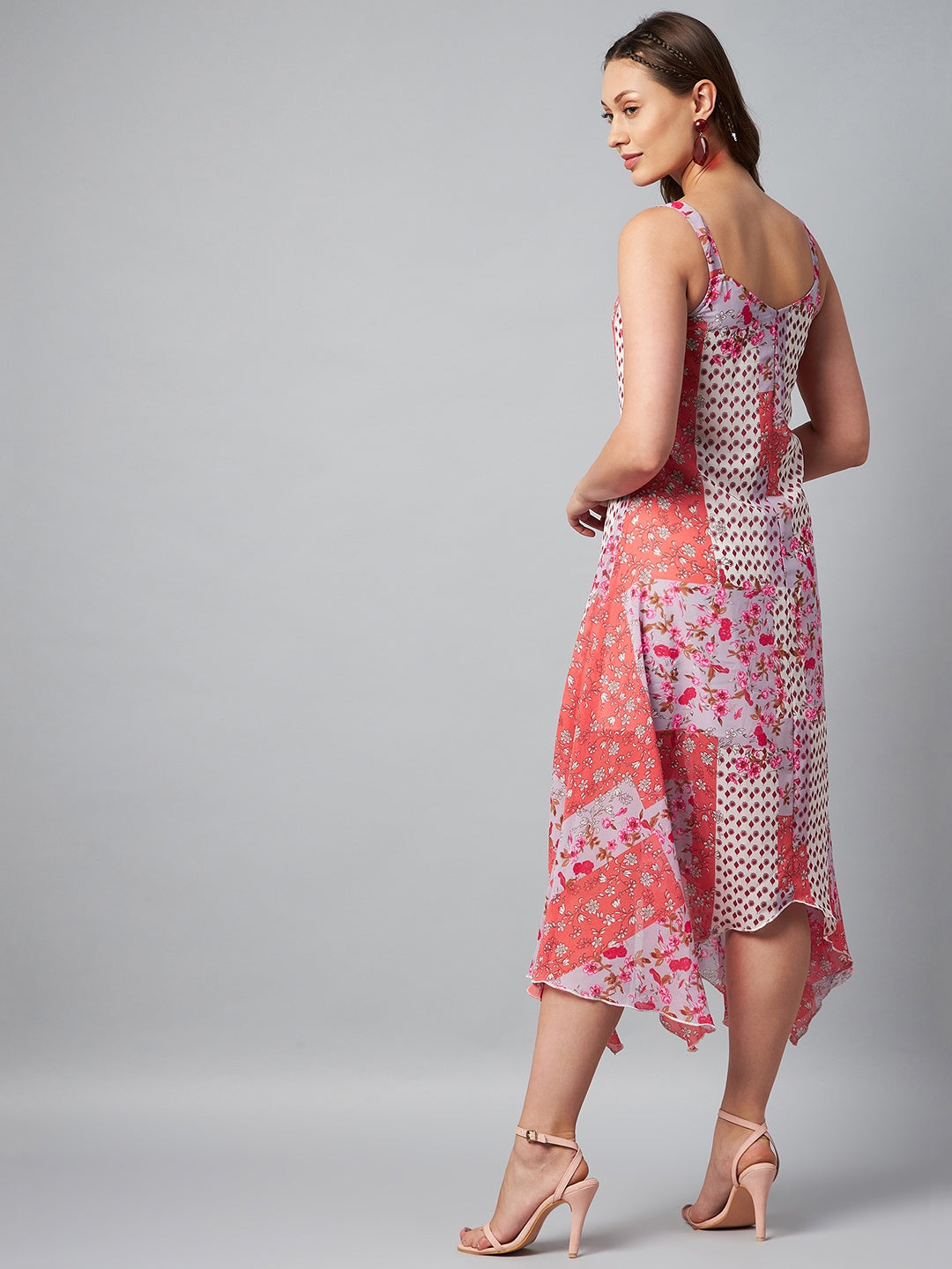 Women's Asymmetric Pink Tile Print Dress