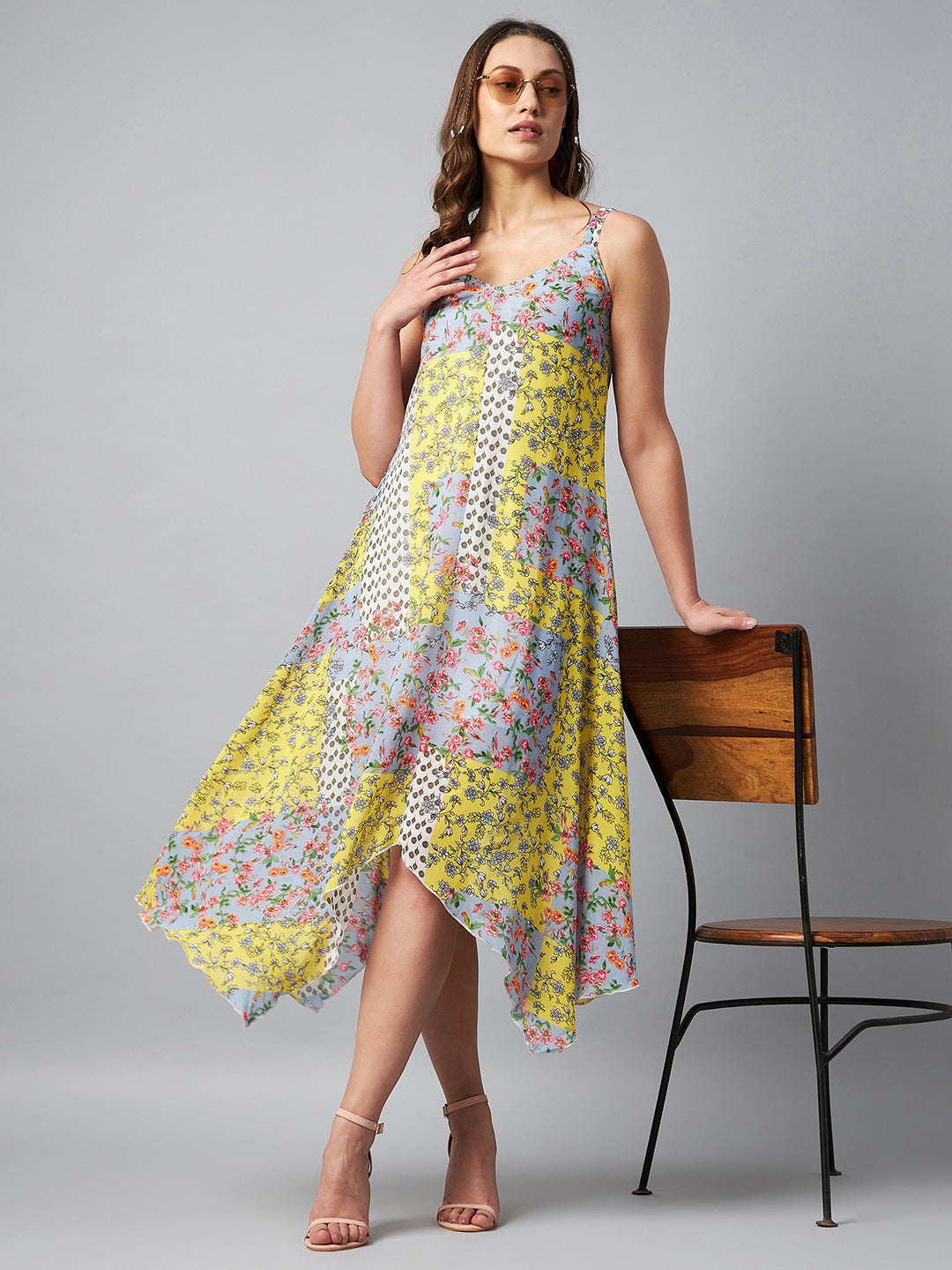 Women's Asymmetric Yellow Tile Print Dress