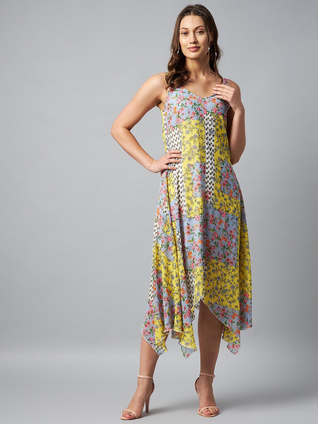 Women's Asymmetric Yellow Tile Print Dress