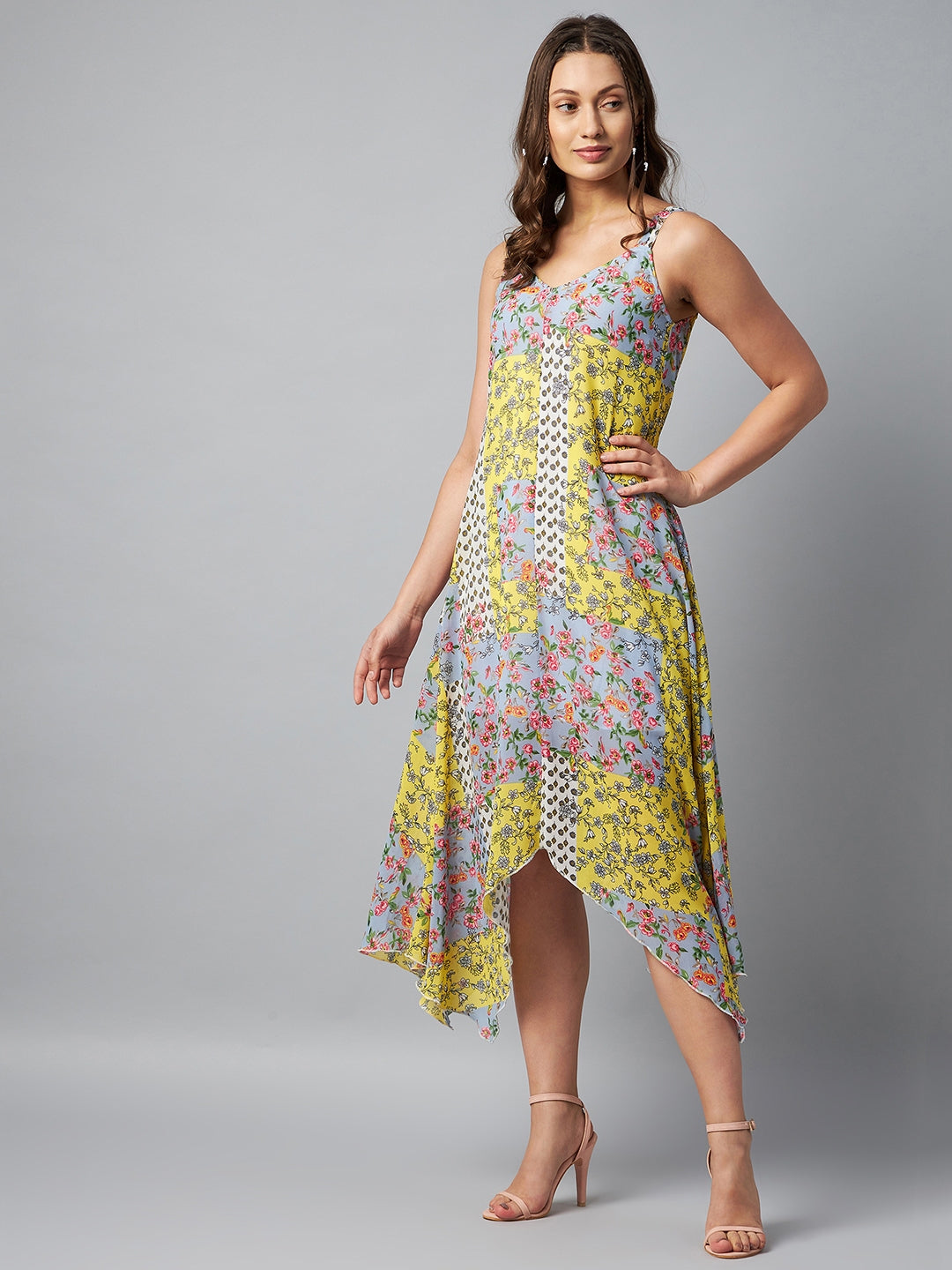 Women's Asymmetric Yellow Tile Print Dress