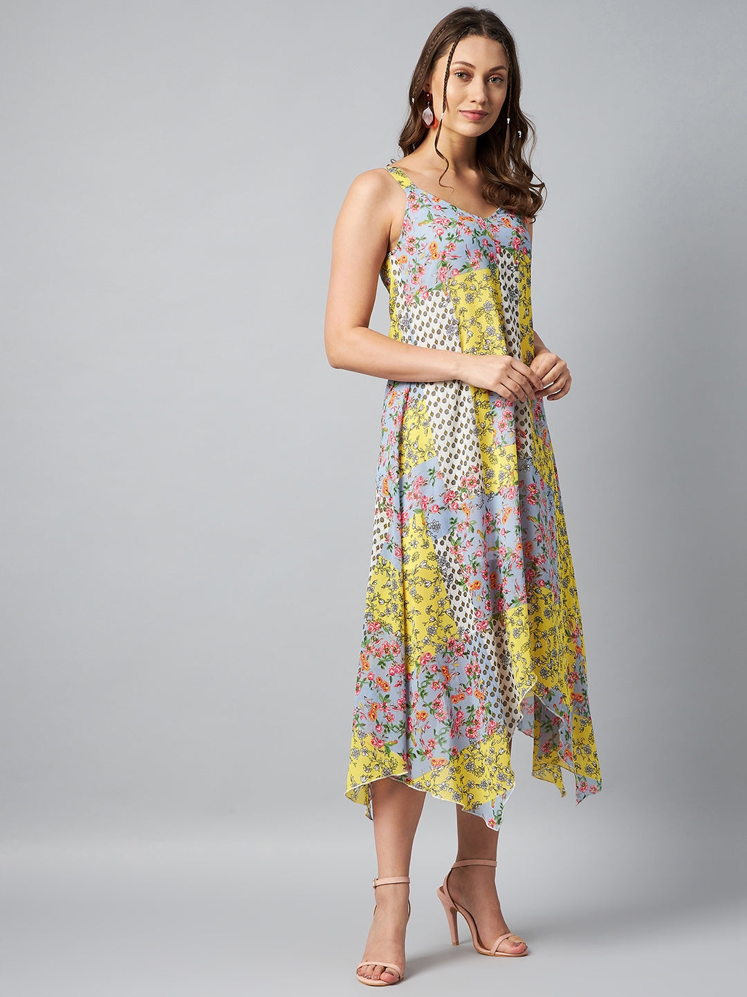 Women's Asymmetric Yellow Tile Print Dress