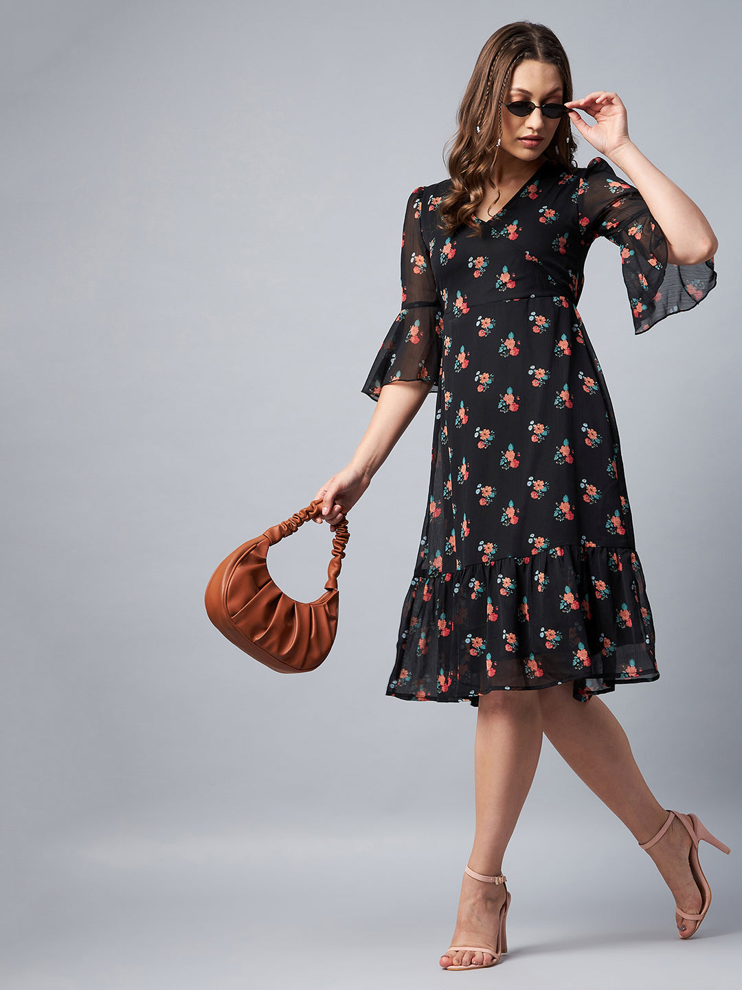 Women's Black Floral Print Bell Sleeve Dress