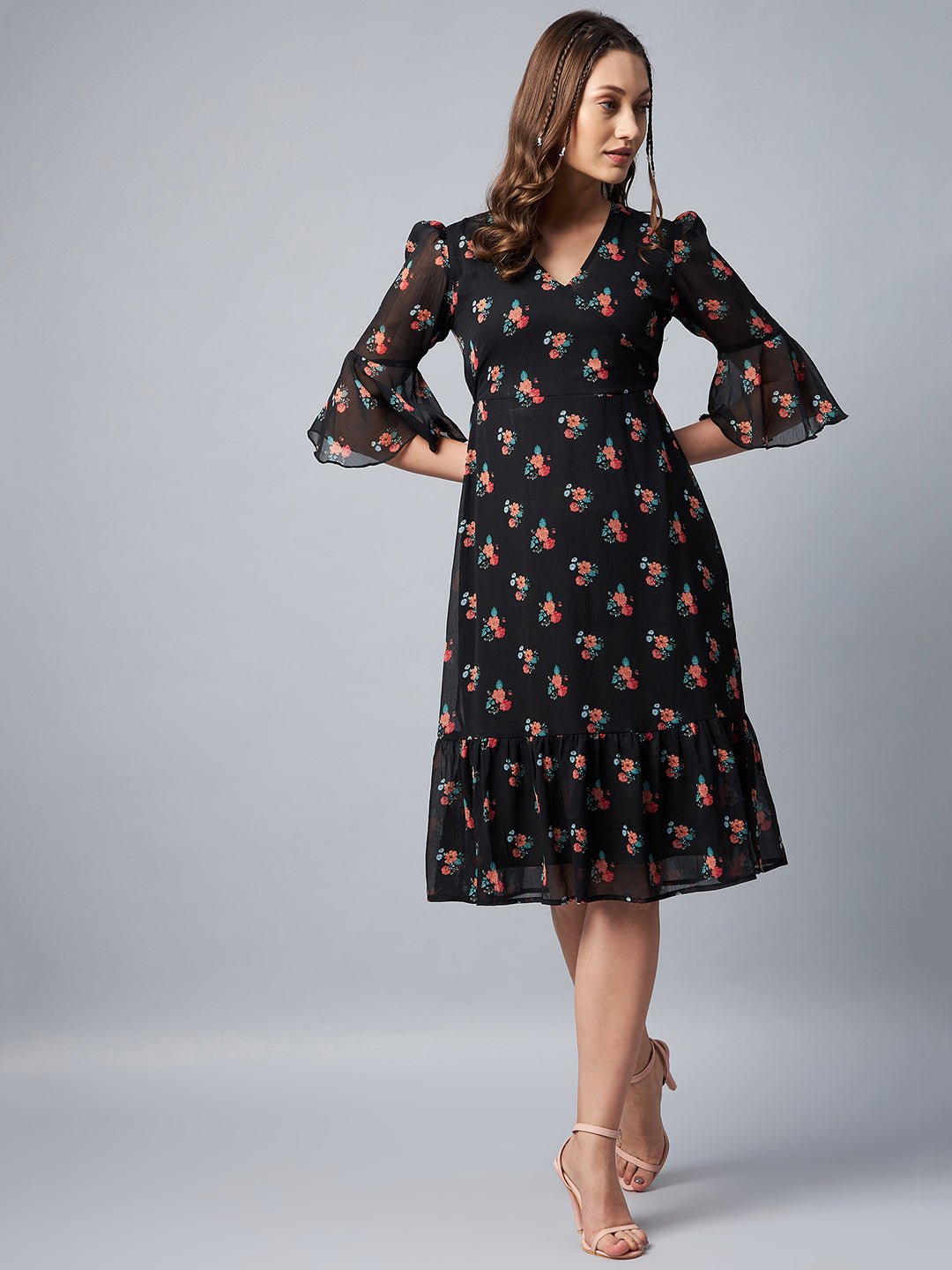 Women's Black Floral Print Bell Sleeve Dress