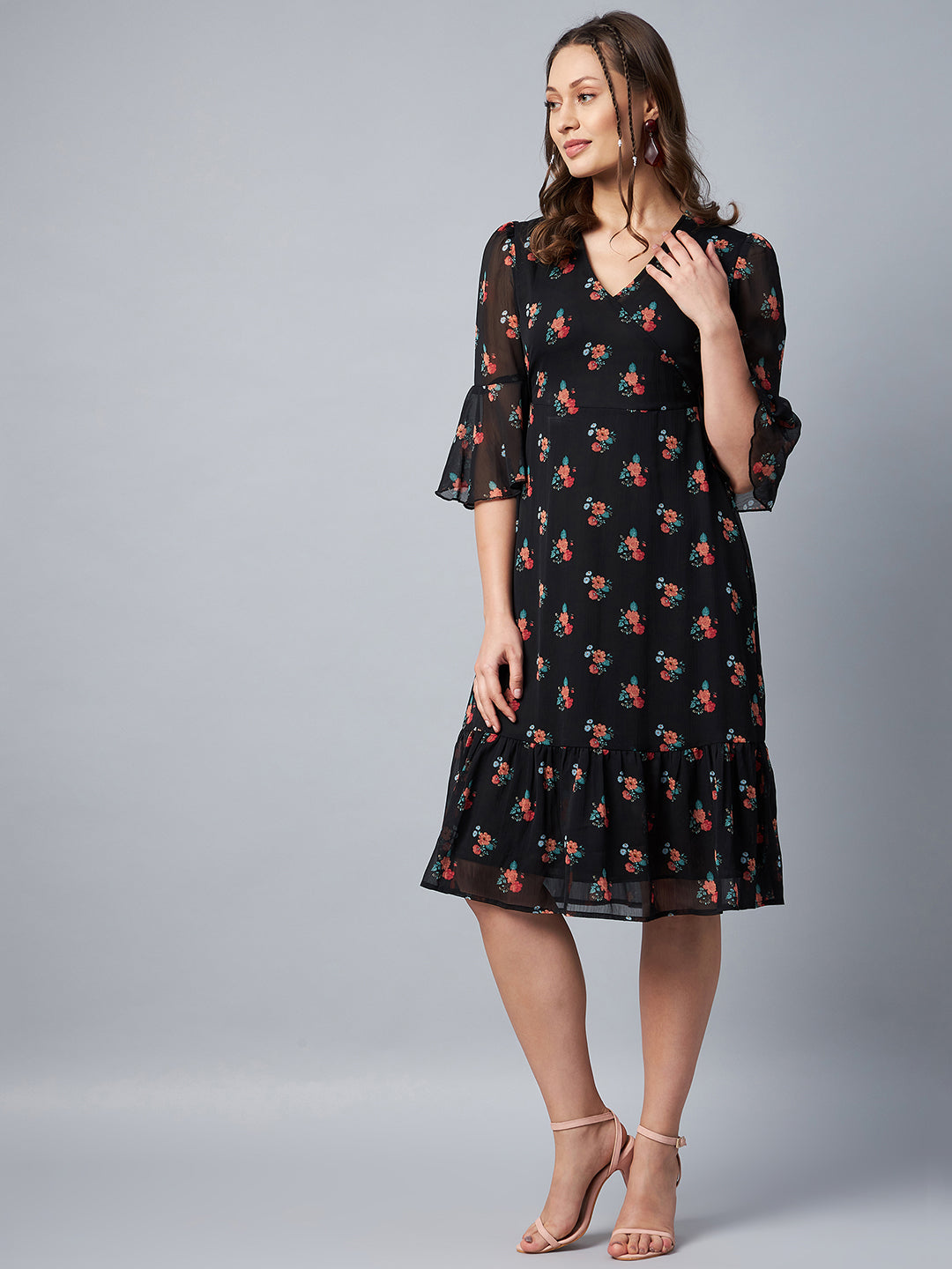 Women's Black Floral Print Bell Sleeve Dress