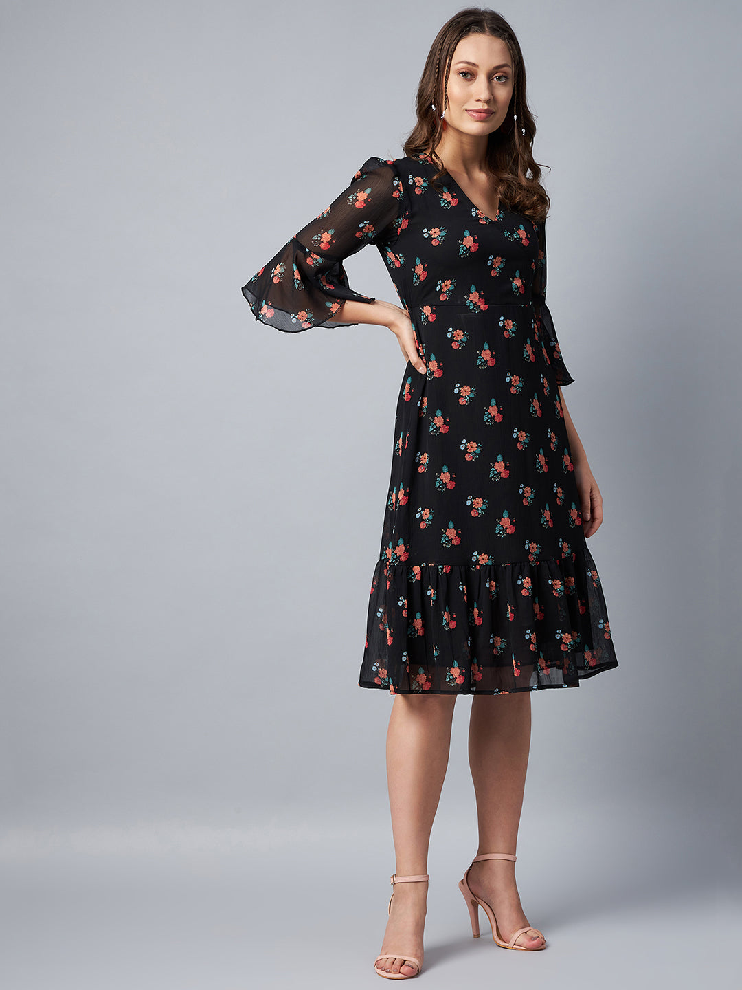 Women's Black Floral Print Bell Sleeve Dress