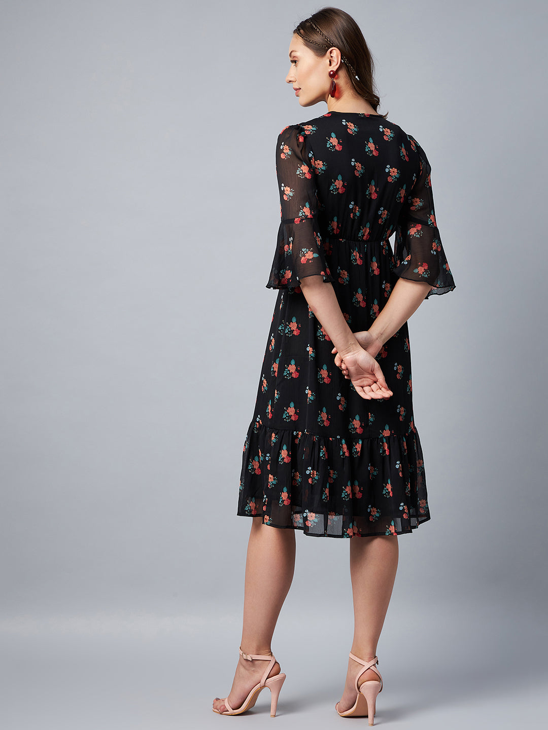 Women's Black Floral Print Bell Sleeve Dress