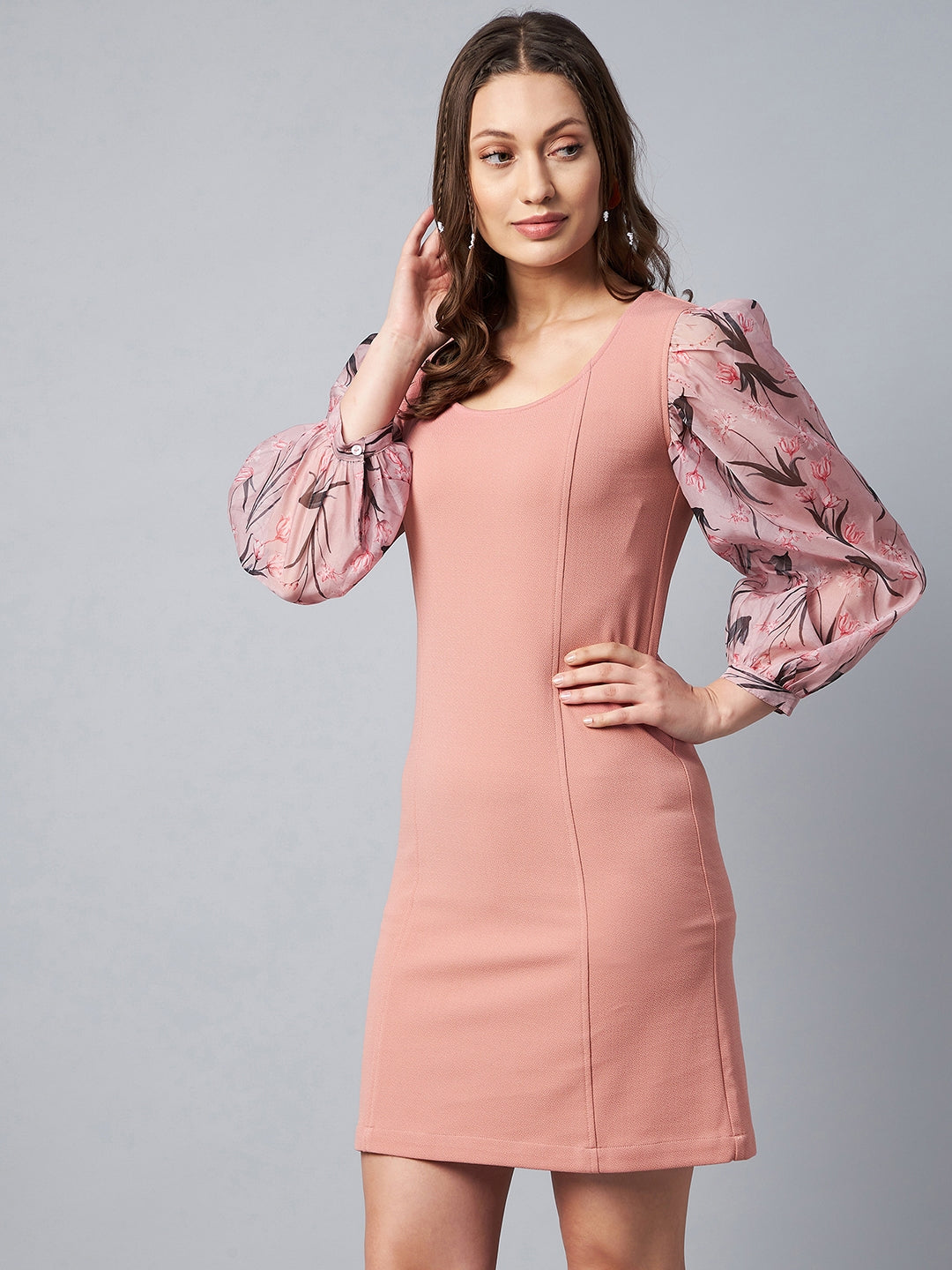 Women's Pink BodyCon Dress with Digitally Printed Organza Sleeve