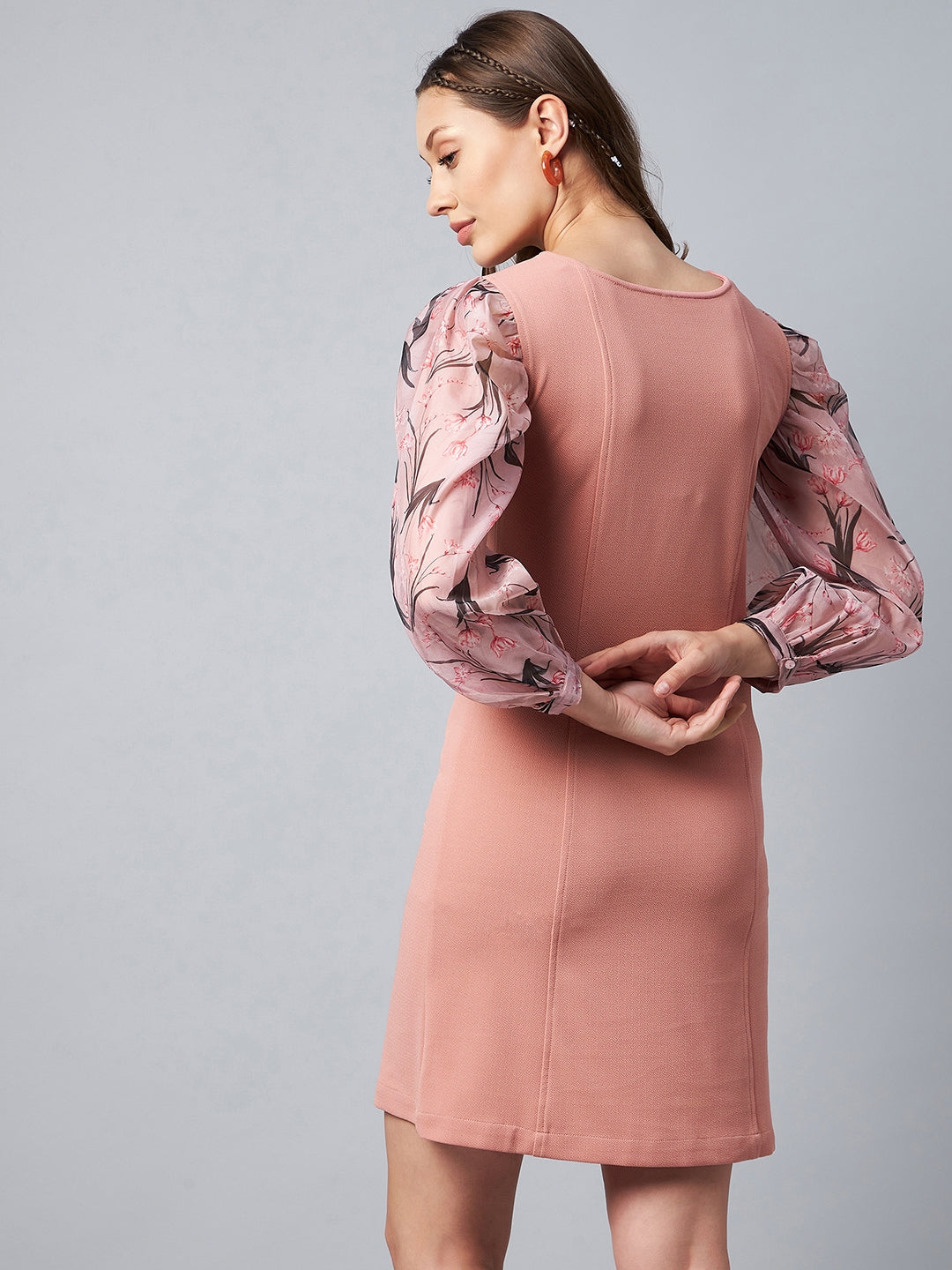 Women's Pink BodyCon Dress with Digitally Printed Organza Sleeve