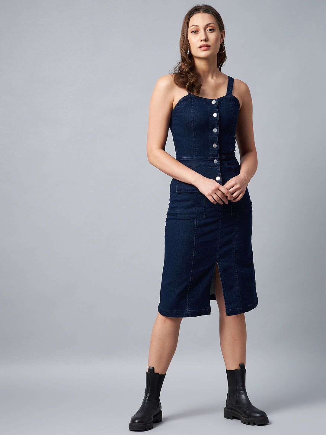 Women's Navy Denim Lycra Fitted Dress