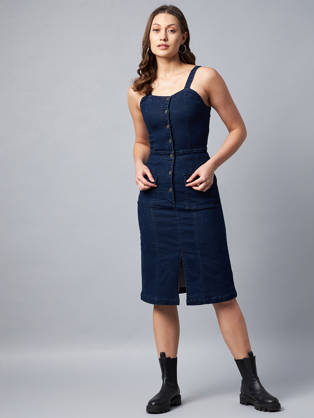 Women's Navy Denim Lycra Fitted Dress