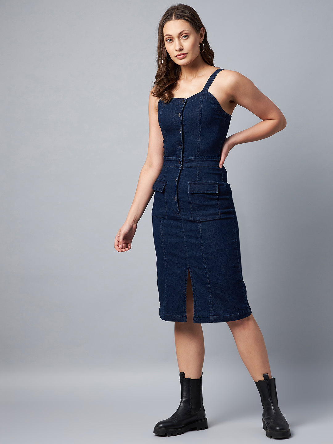 Women's Navy Denim Lycra Fitted Dress