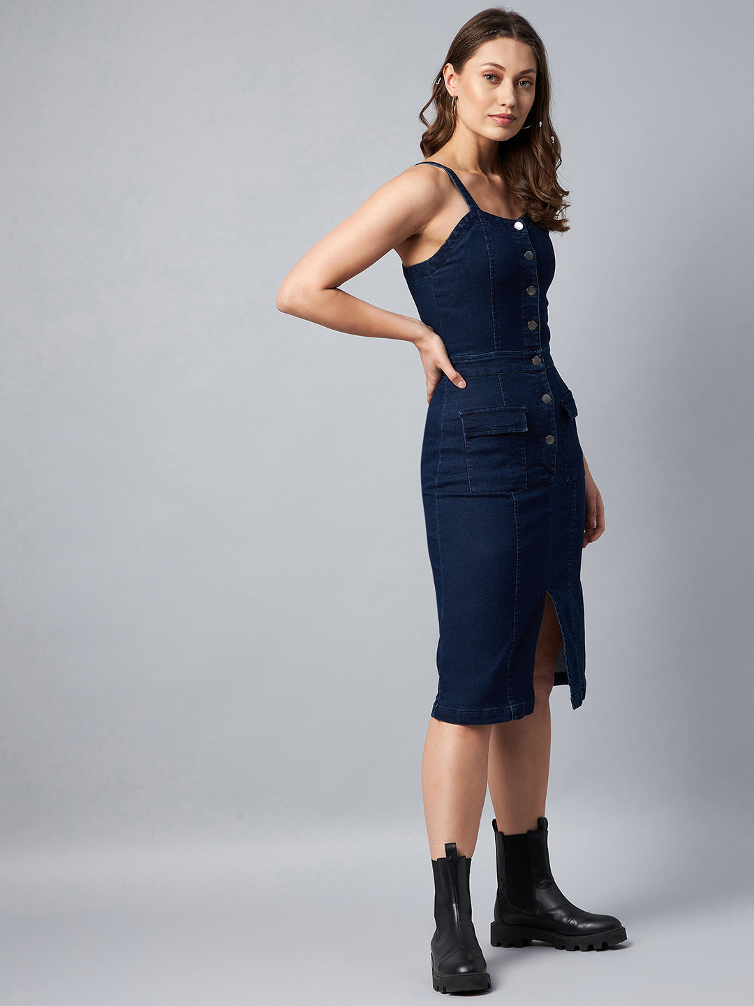 Women's Navy Denim Lycra Fitted Dress