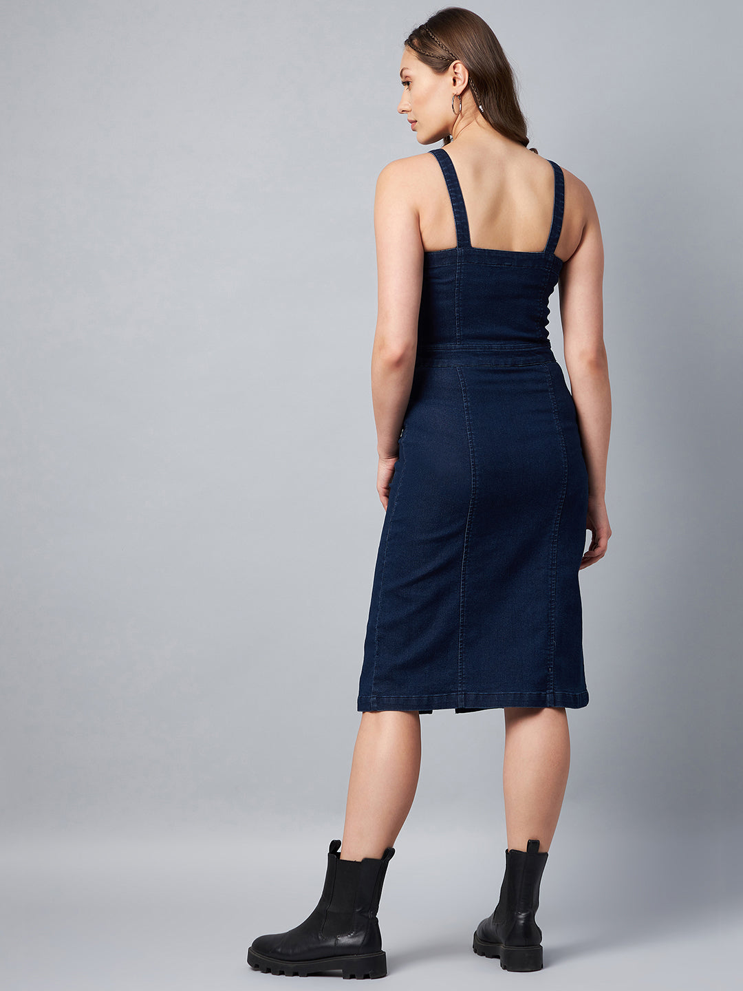 Women's Navy Denim Lycra Fitted Dress