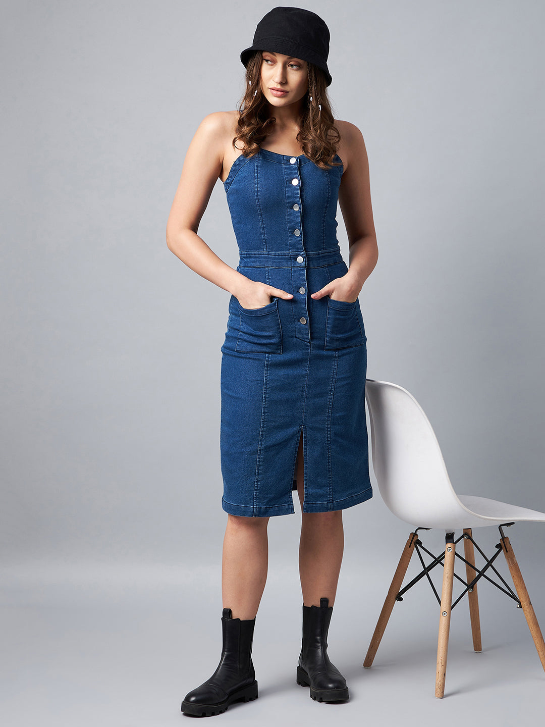 Women's Washed Blue Denim Lycra Fitted Dress