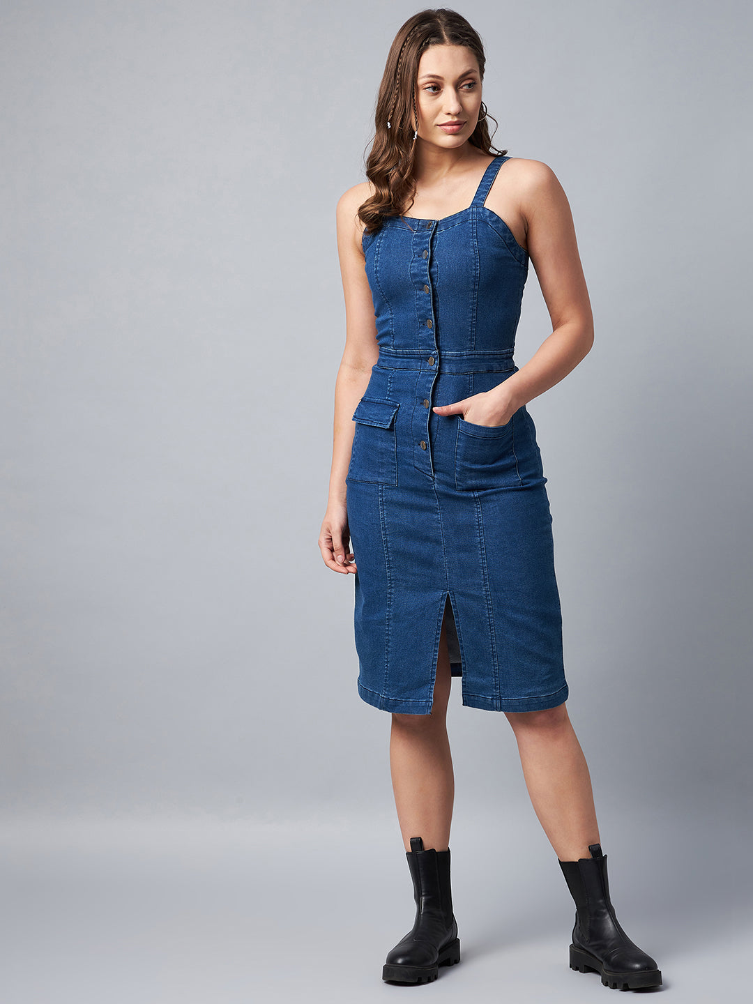 Women's Washed Blue Denim Lycra Fitted Dress