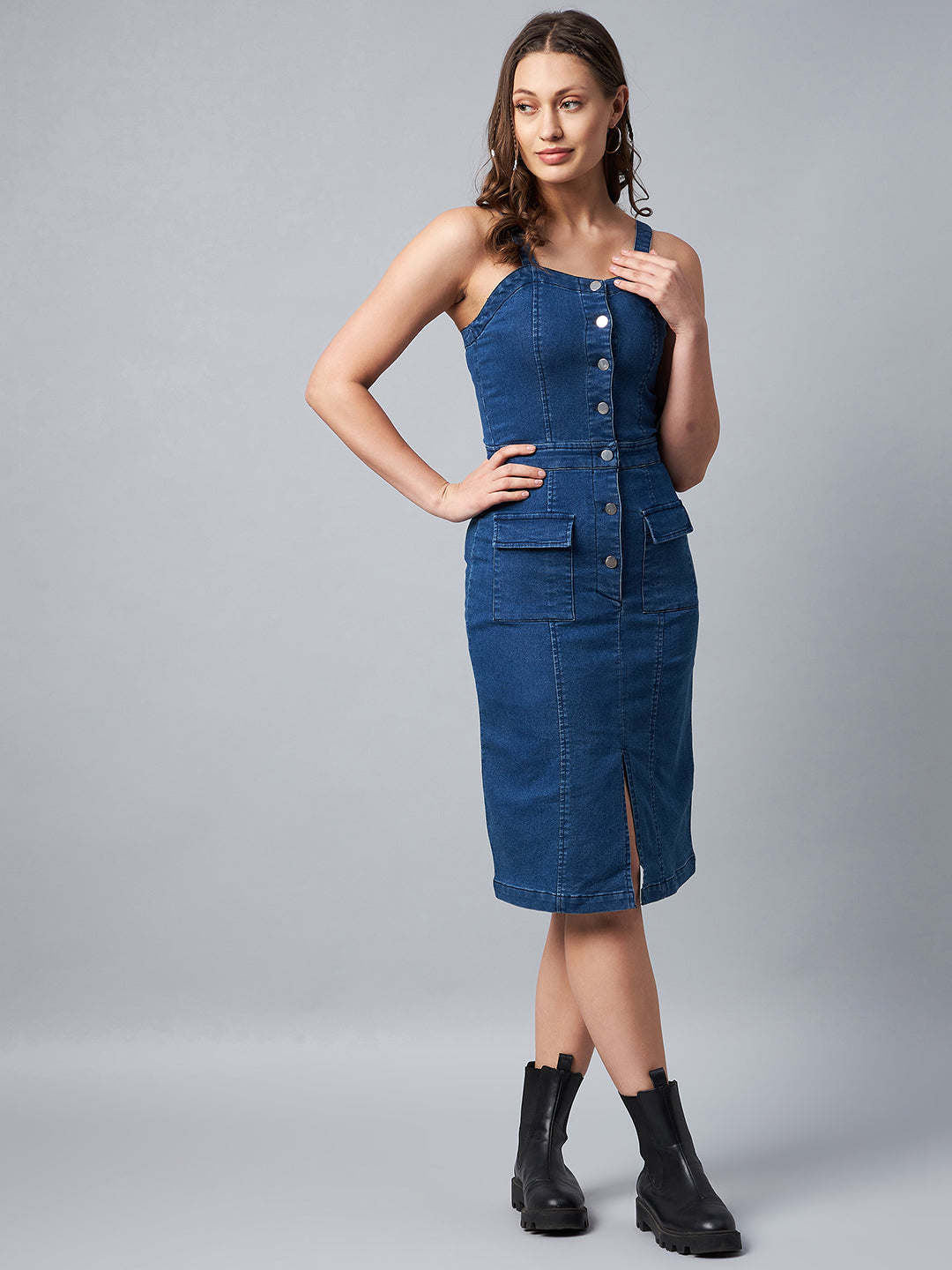 Women's Washed Blue Denim Lycra Fitted Dress