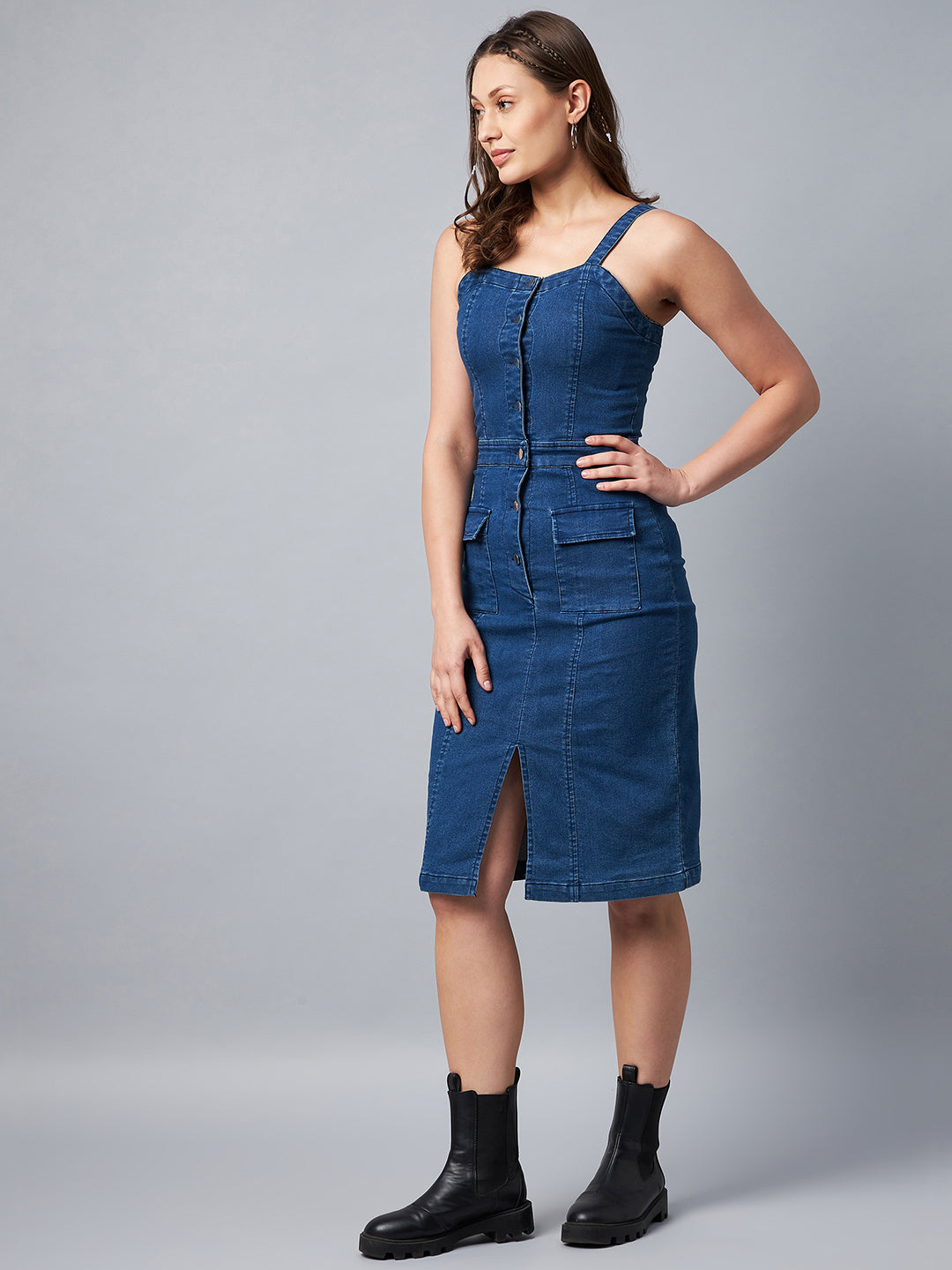 Women's Washed Blue Denim Lycra Fitted Dress