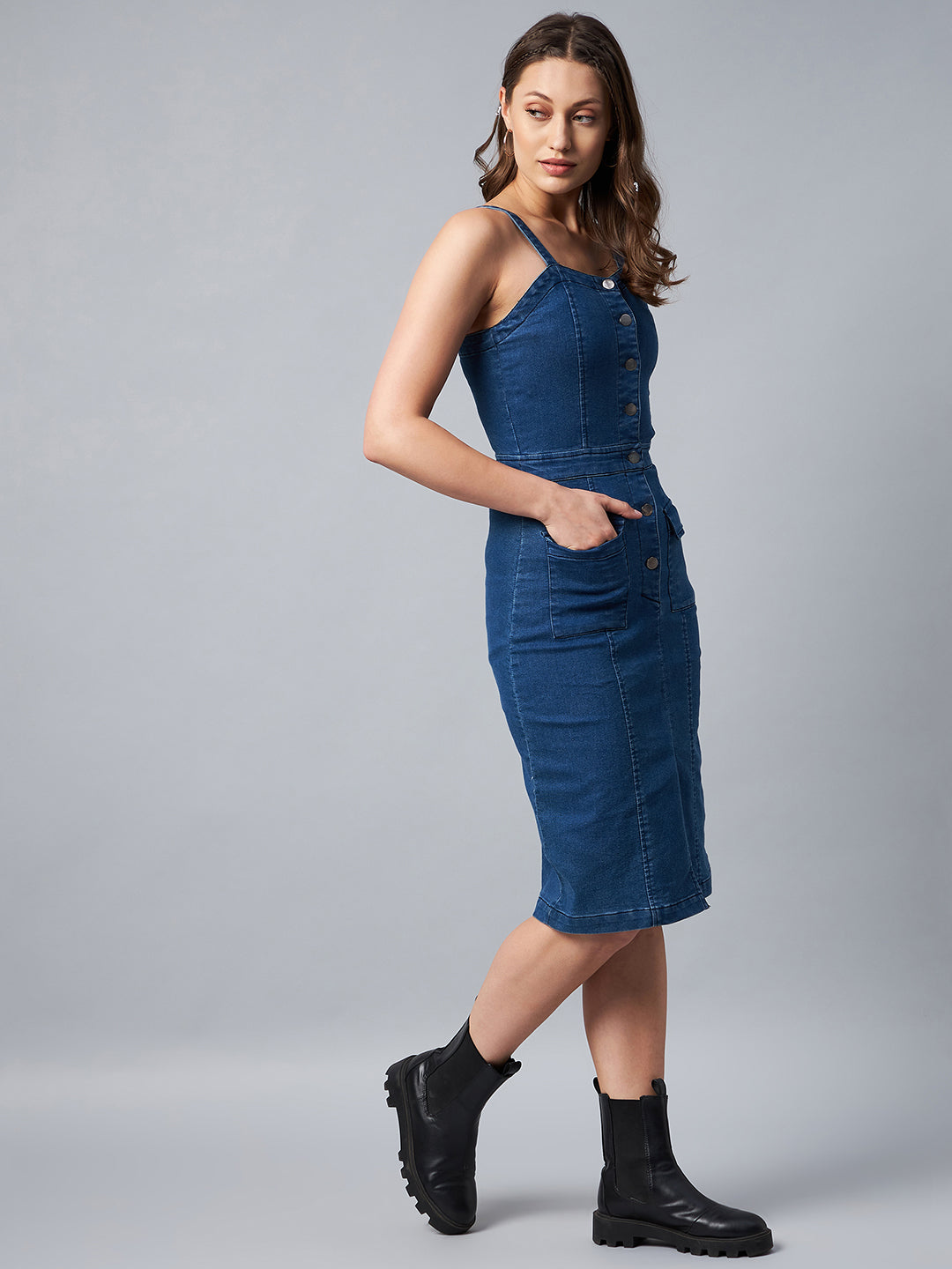 Women's Washed Blue Denim Lycra Fitted Dress