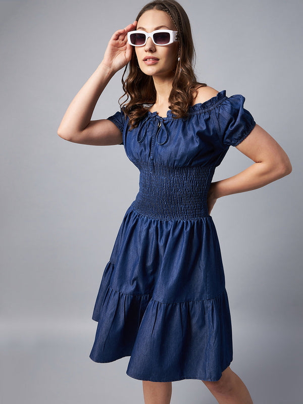 Women's Peasant Style Smocked Waist Denim Dress