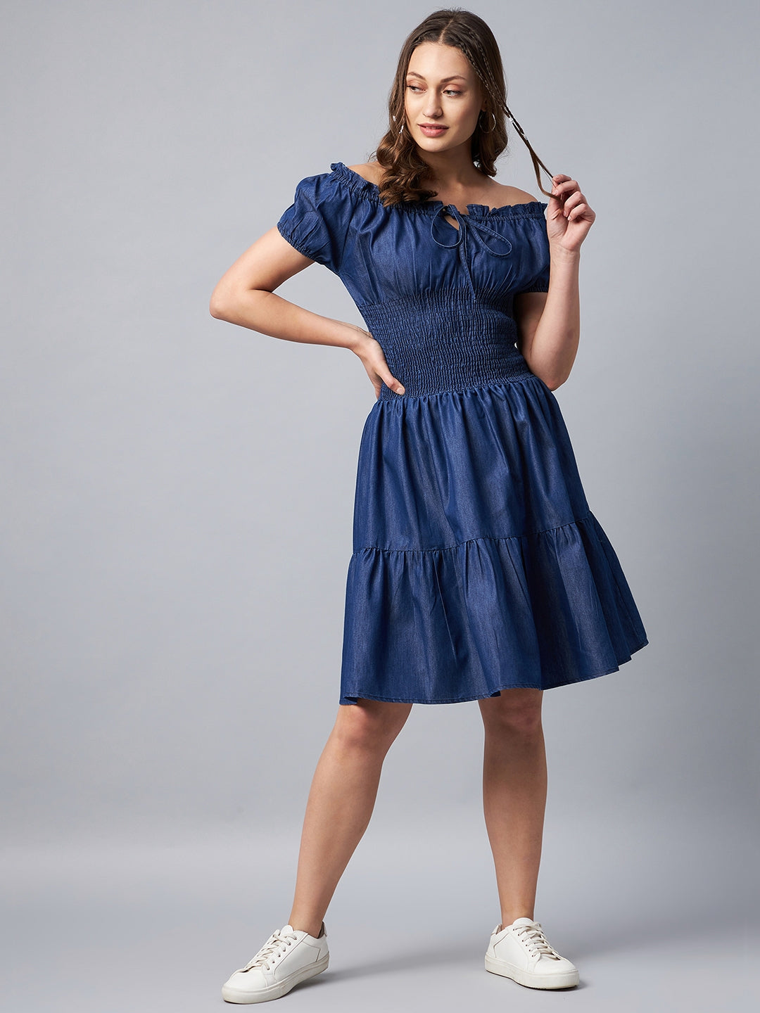 Women's Peasant Style Smocked Waist Denim Dress