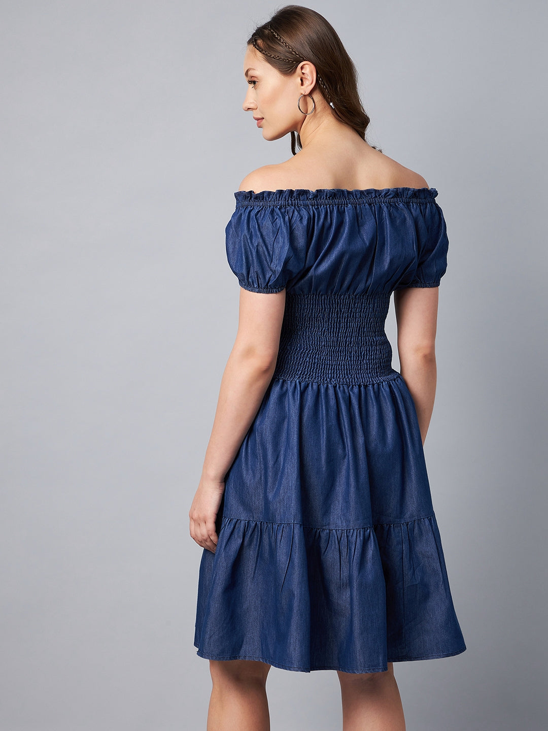 Women's Peasant Style Smocked Waist Denim Dress