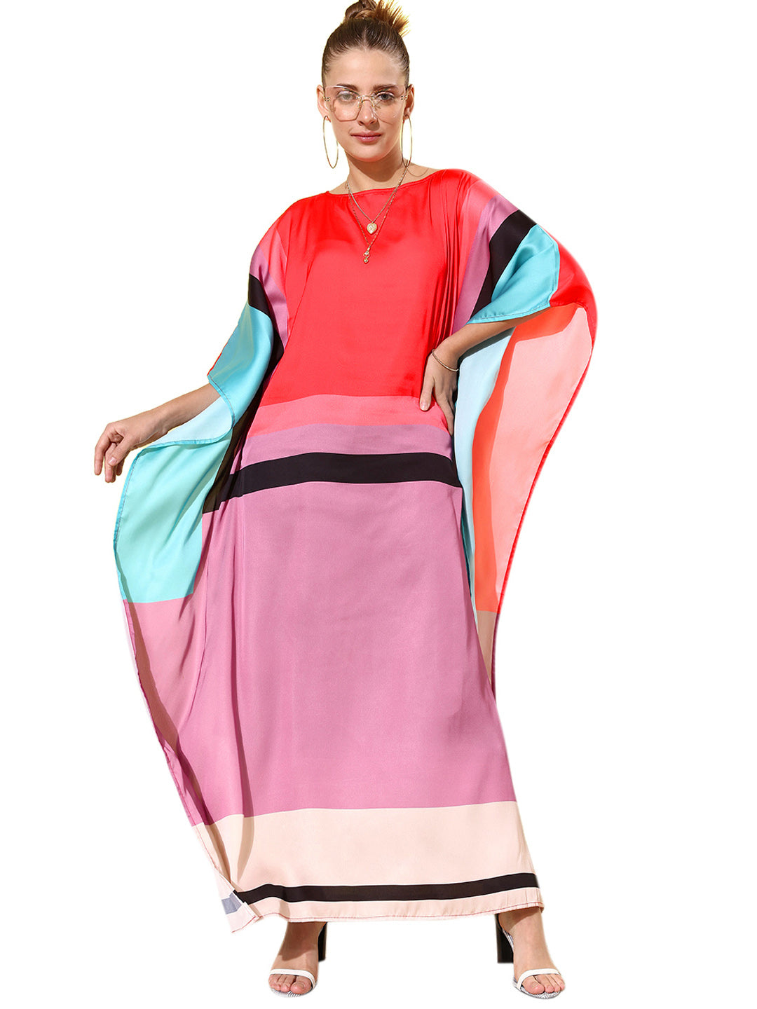 Women's Satin Multicoloured Kaftan Dress