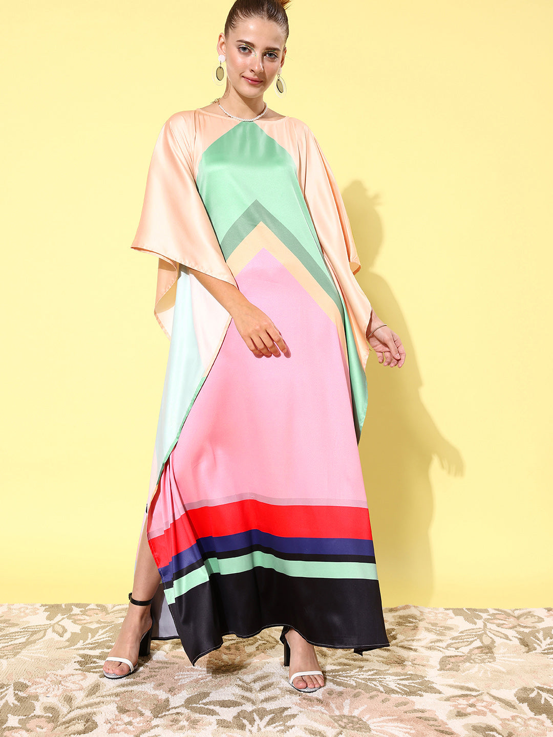 Women's Satin Multicoloured Kaftan Dress