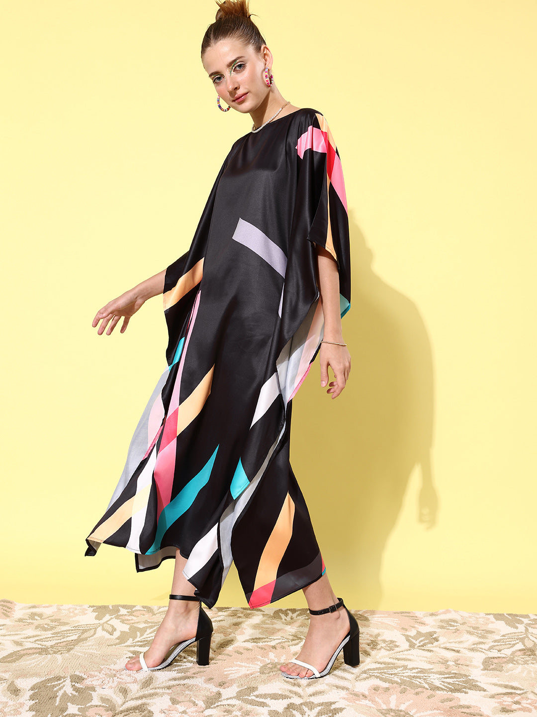 Women's Satin Black & Multicoloured Kaftan Dress