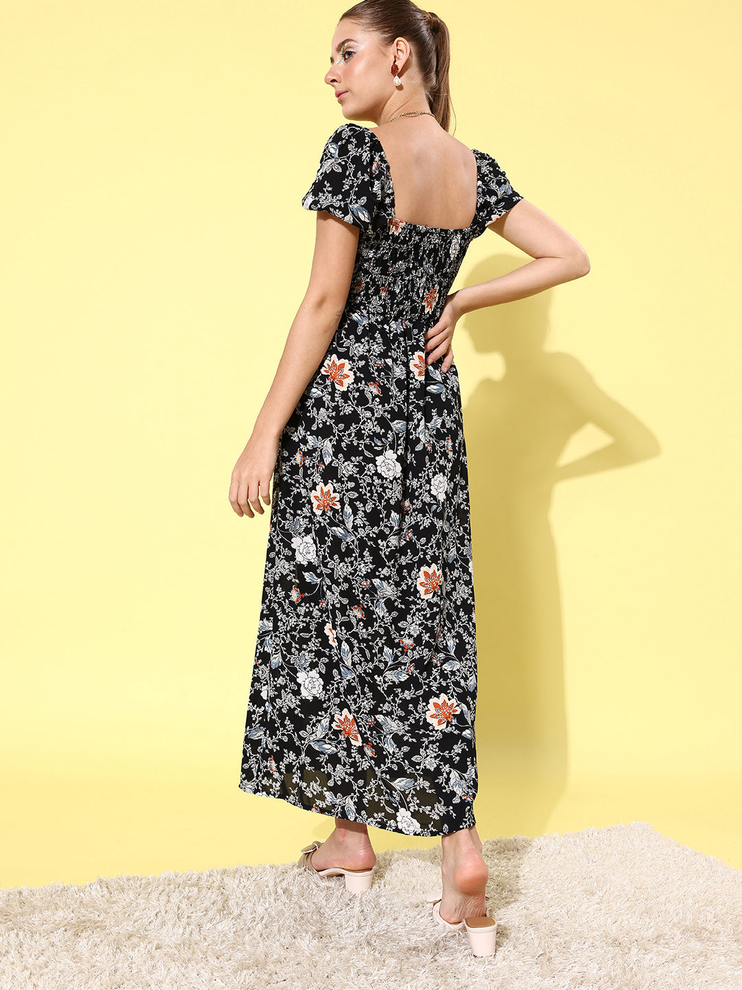 Women's Black Floral Maxi Dress with Puffed Sleeve
