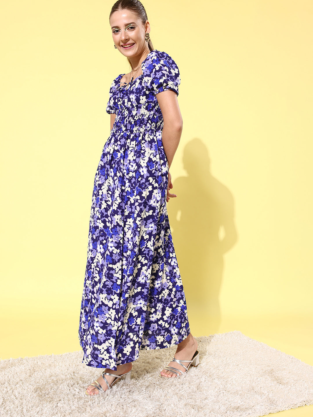 Women's Blue Floral Maxi Dress with Puffed Sleeve