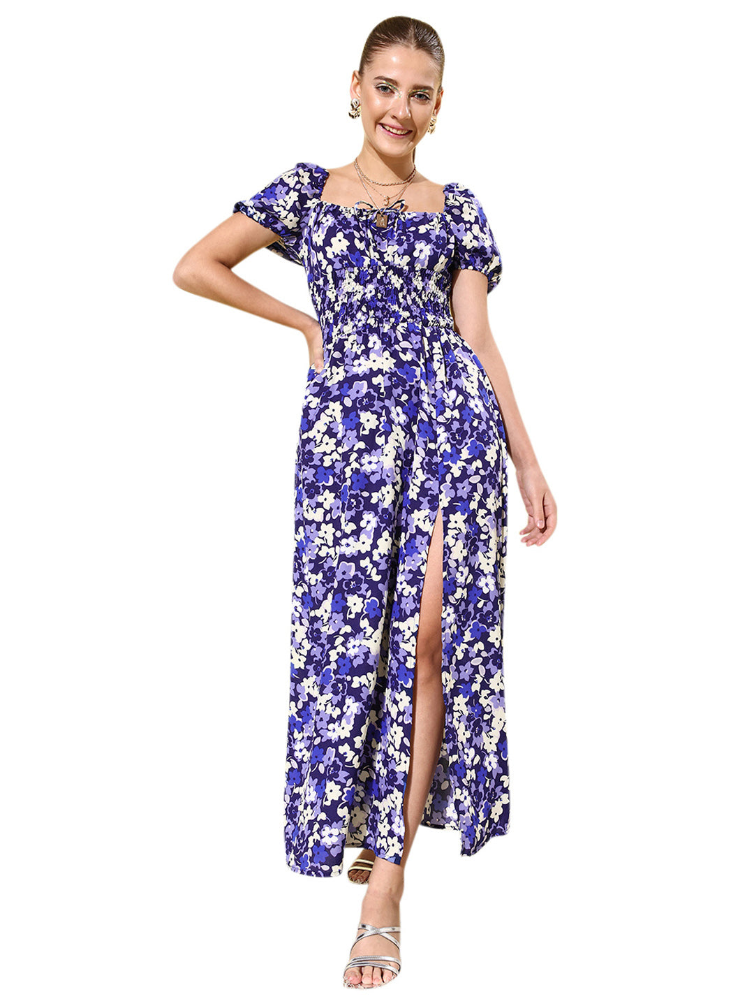 Women's Blue Floral Maxi Dress with Puffed Sleeve