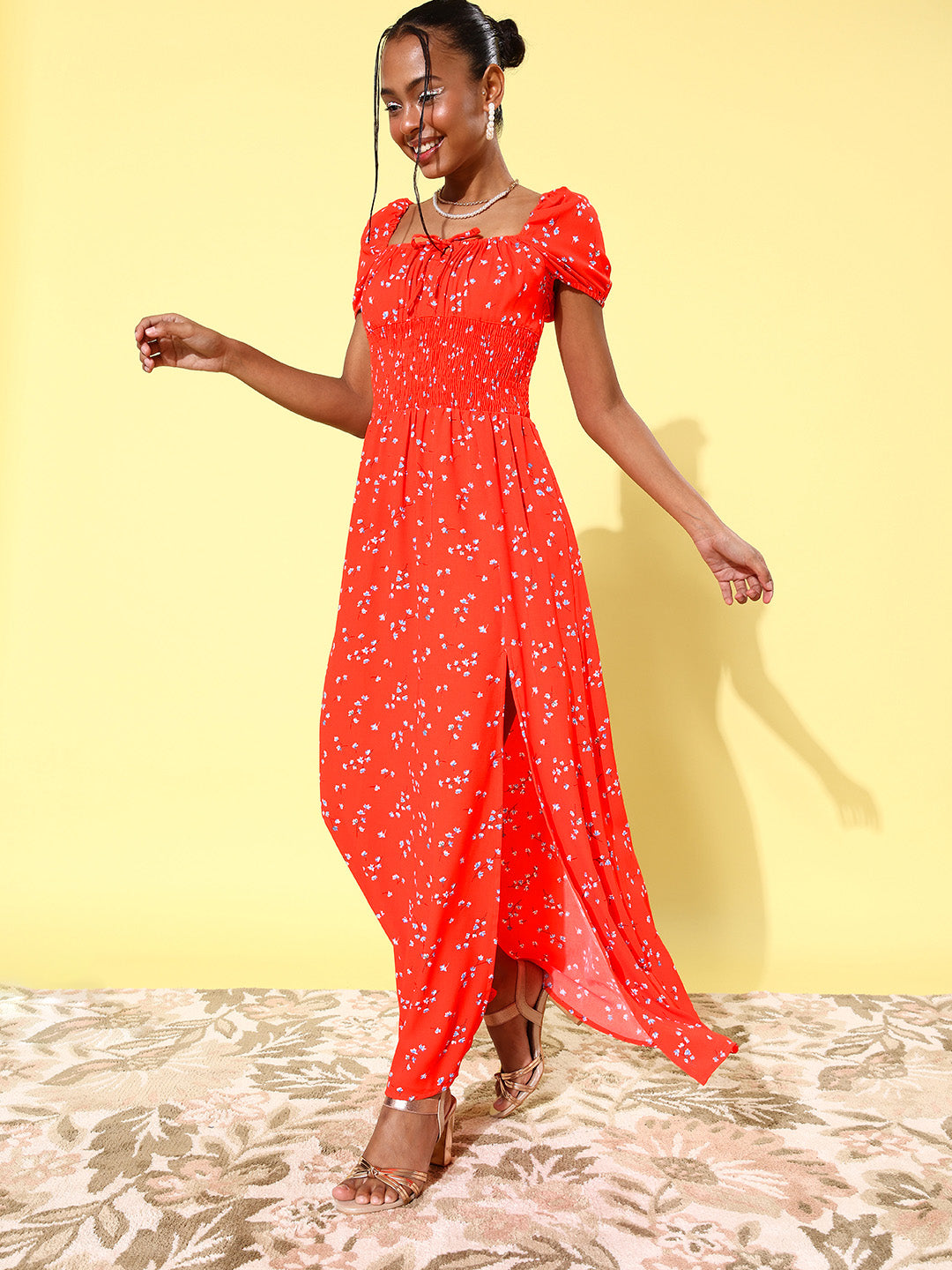 Women's Coral Floral Maxi Dress with Puffed Sleeve