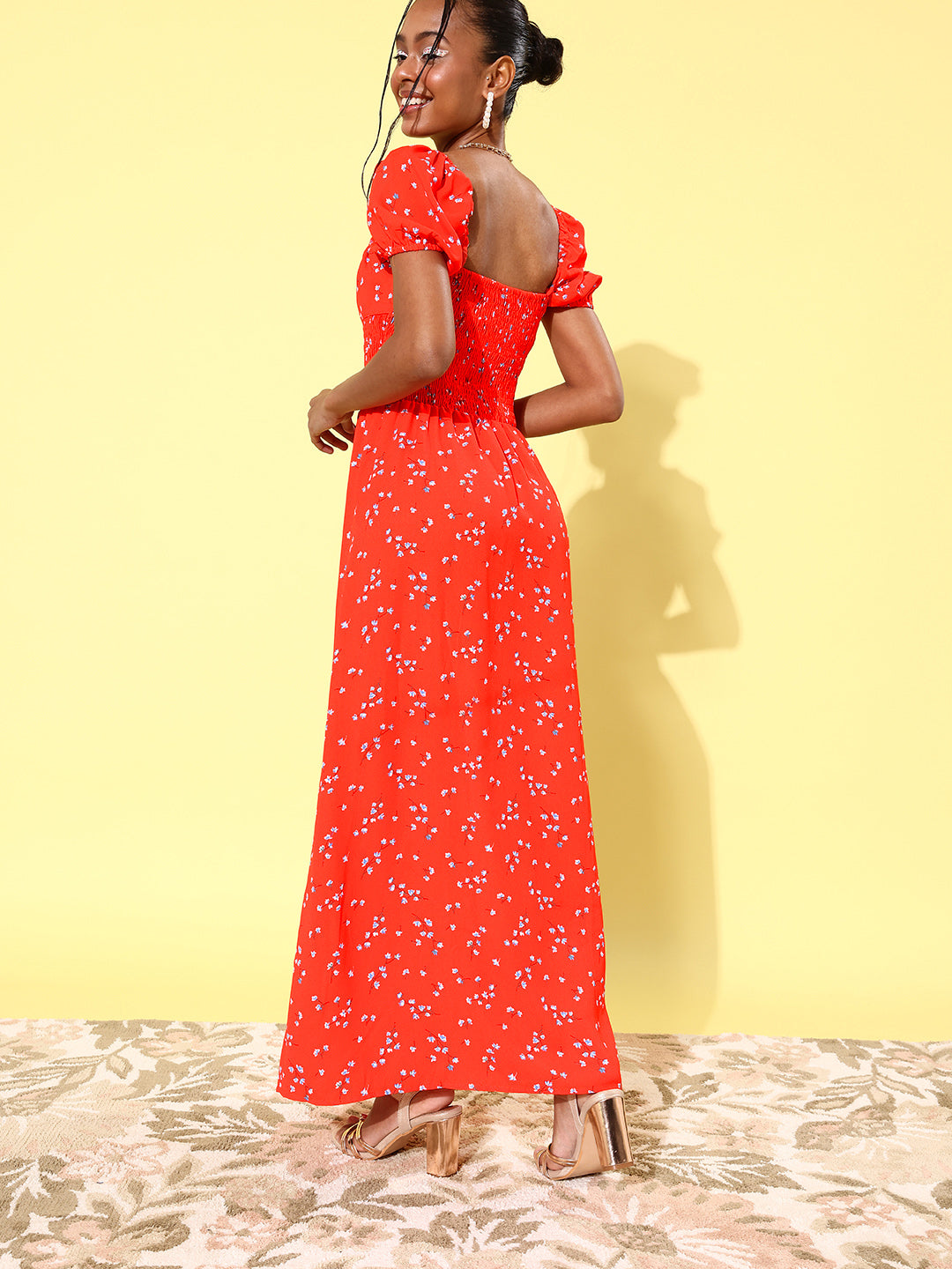 Women's Coral Floral Maxi Dress with Puffed Sleeve