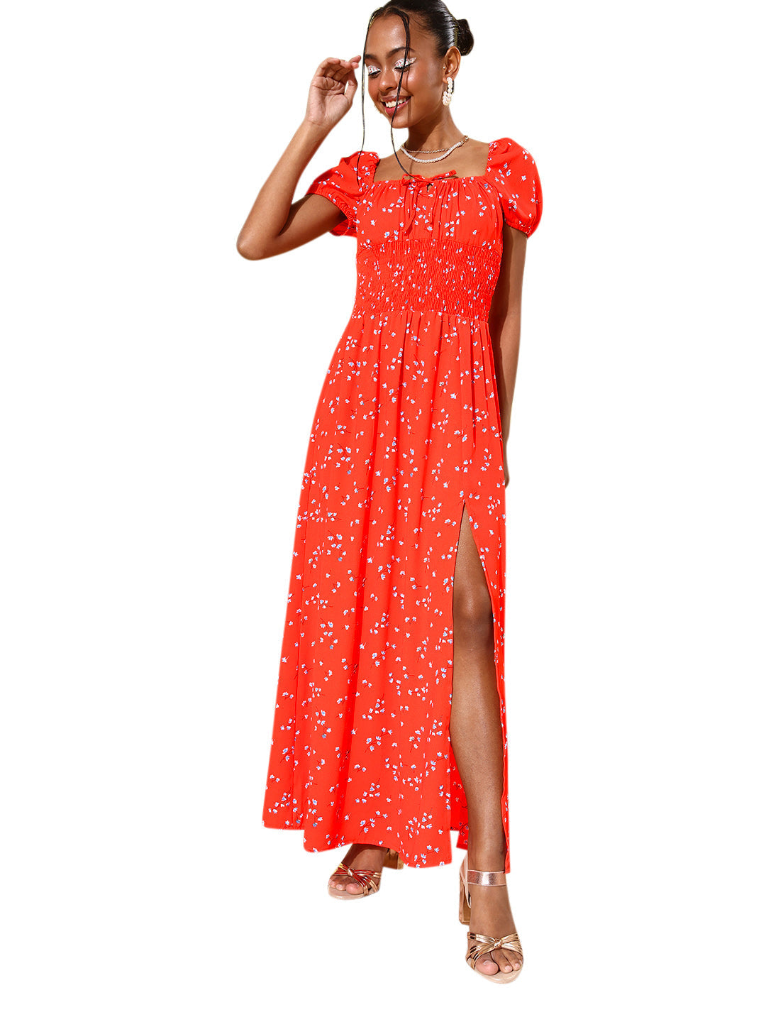 Women's Coral Floral Maxi Dress with Puffed Sleeve