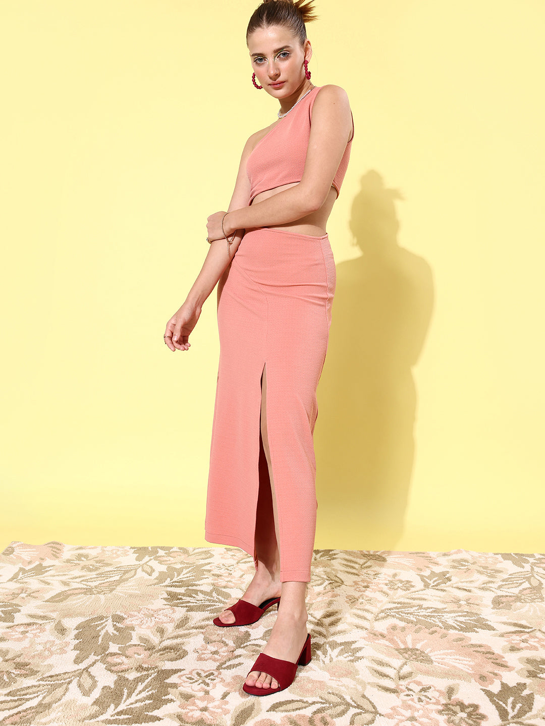 Women's Pink Cut Out One Shoulder Maxi Dress